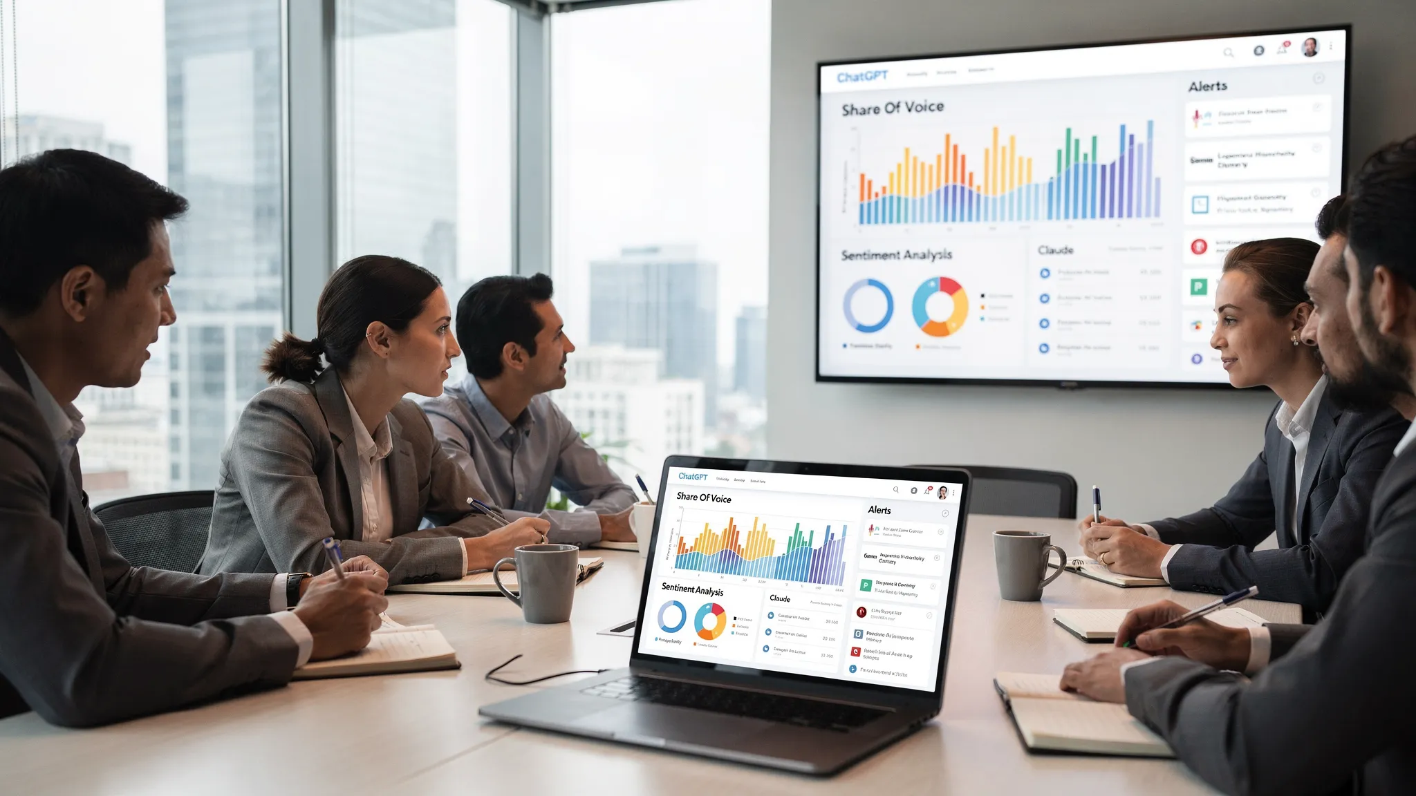 A marketing team reviewing an AI visibility dashboard that shows AI mentions across ChatGPT, Gemini, Claude, and Perplexity, with charts for share of voice, sentiment, and alerts, displayed on a laptop and wall monitor in a meeting room.