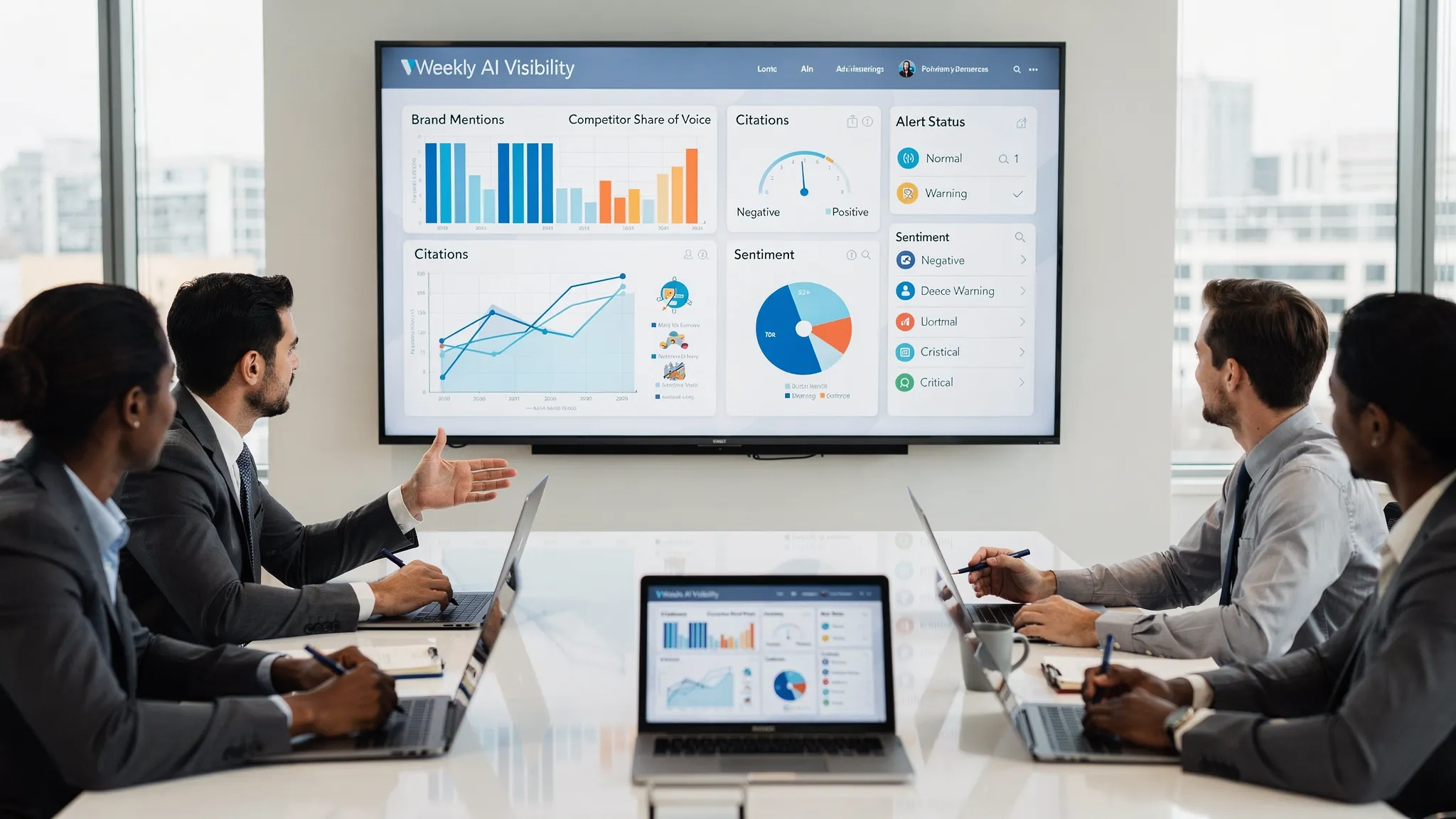 A marketing team reviews a weekly AI visibility dashboard showing brand mentions, competitor share of voice, citations, sentiment, and alert status across AI assistants. Screens face the team with charts clearly visible.
