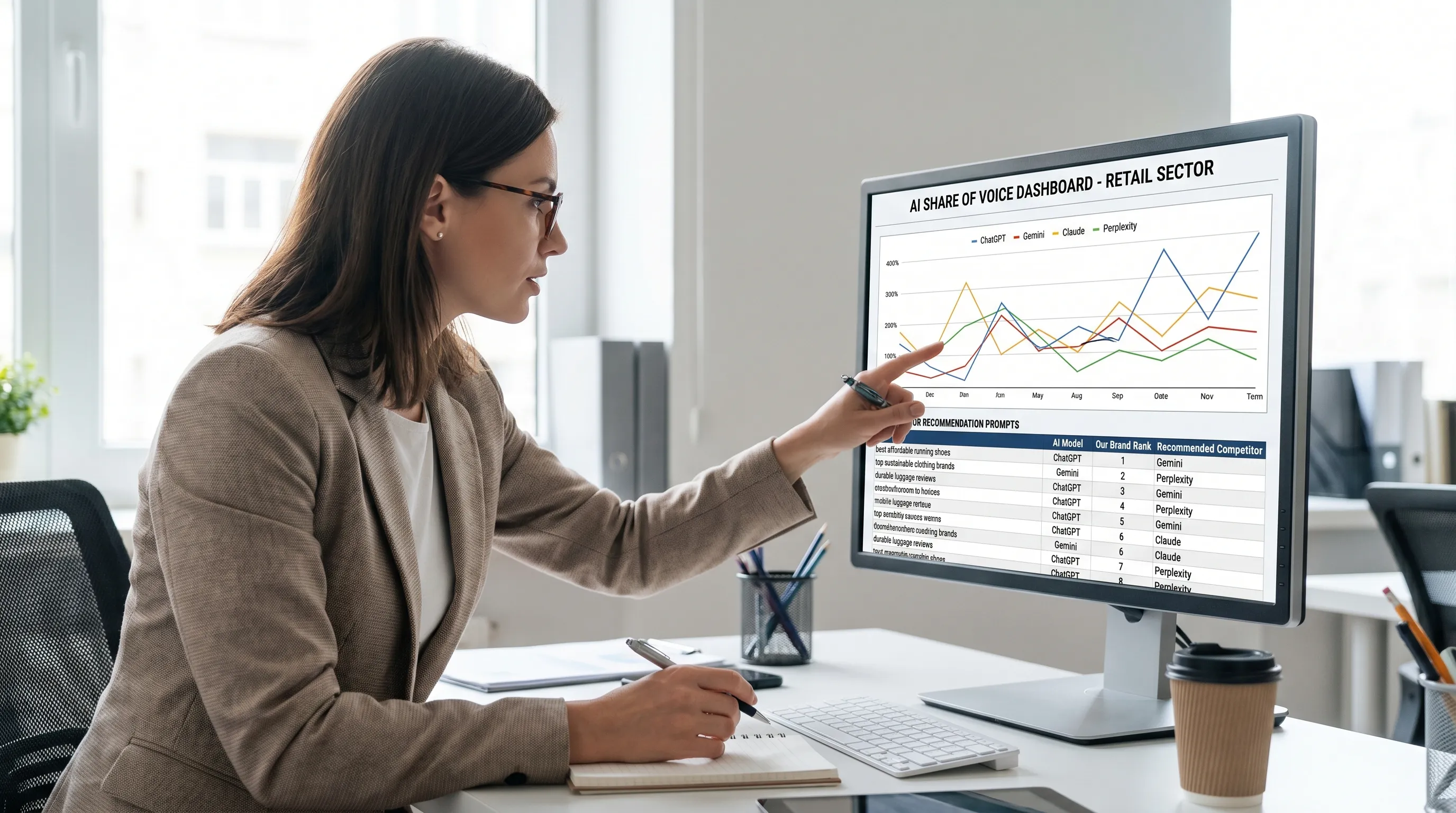 A retail marketing analyst reviewing an AI share of voice dashboard that compares brand mentions across ChatGPT, Gemini, Claude, and Perplexity, with a simple line chart for trends and a table showing prompts where competitors are recommended instead.
