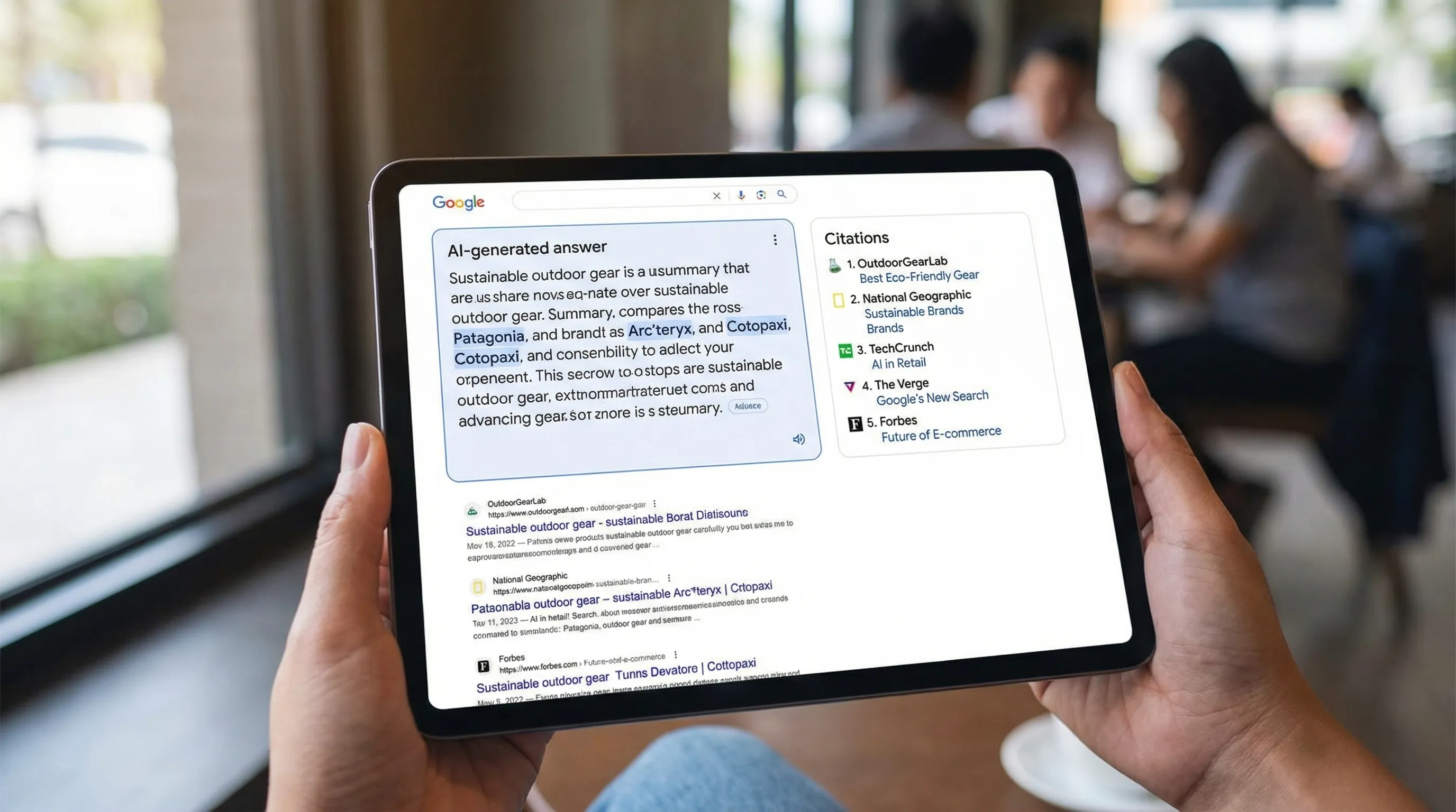 A search results page concept showing a Google AI-generated answer at the top with highlighted brand mentions and a citation panel listing multiple source links, illustrating how mentions and citations appear together in AI search.