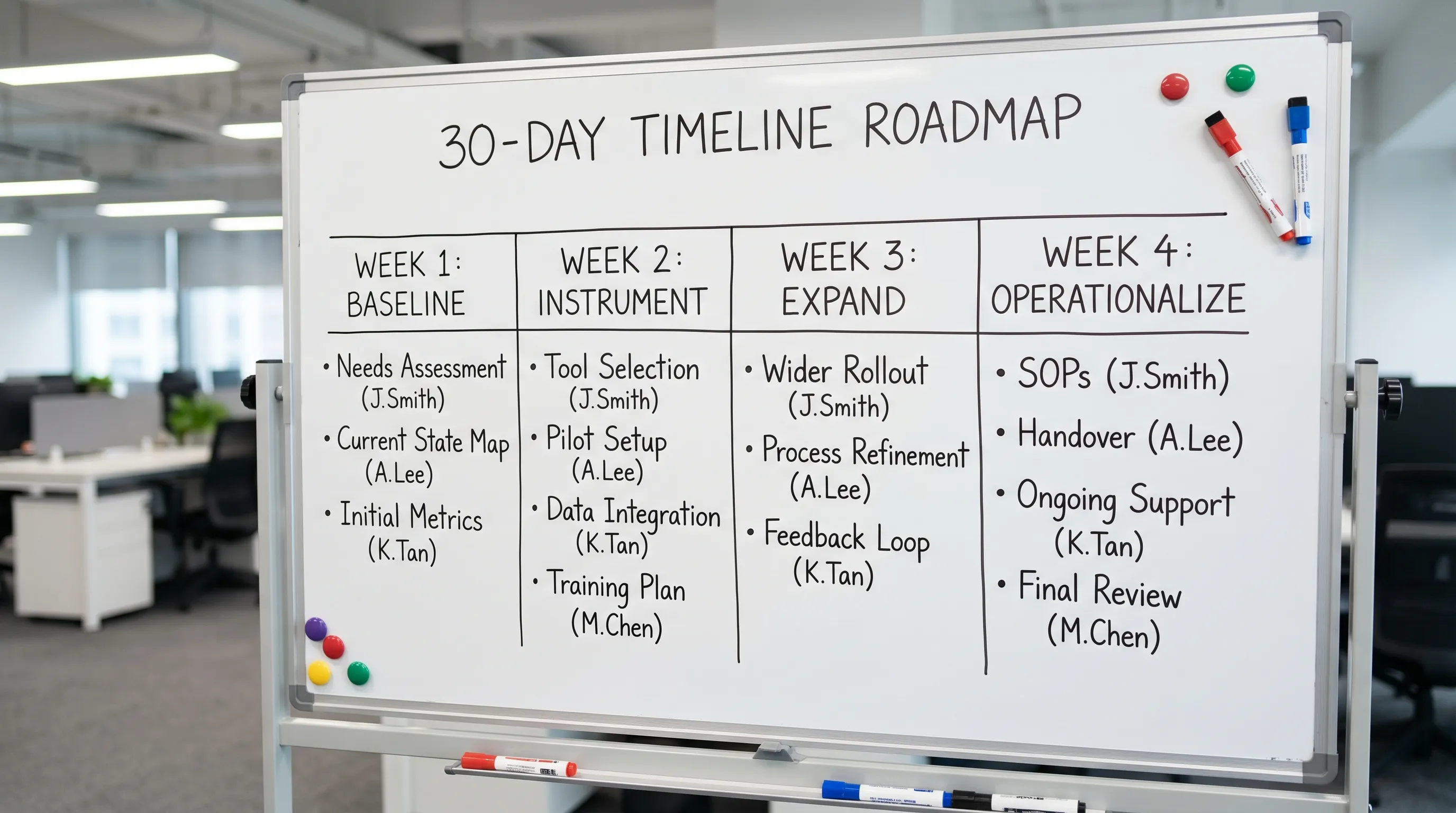 A simple 30-day timeline roadmap with four weekly phases labeled Baseline, Instrument, Expand, and Operationalize, each showing 3-4 key deliverables and owners.