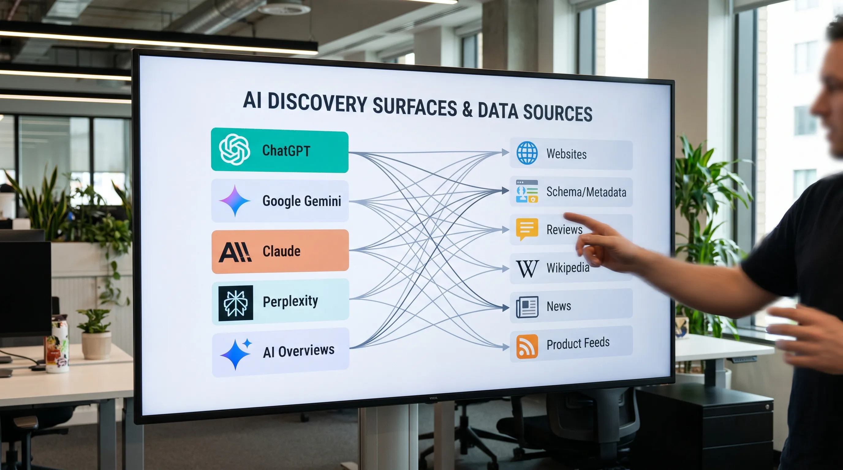 A simple comparison graphic showing five AI discovery surfaces (ChatGPT, Google Gemini, Claude, Perplexity, and “AI Overviews”) connected to common brand data sources like websites, schema/metadata, reviews, Wikipedia, news, and product feeds.