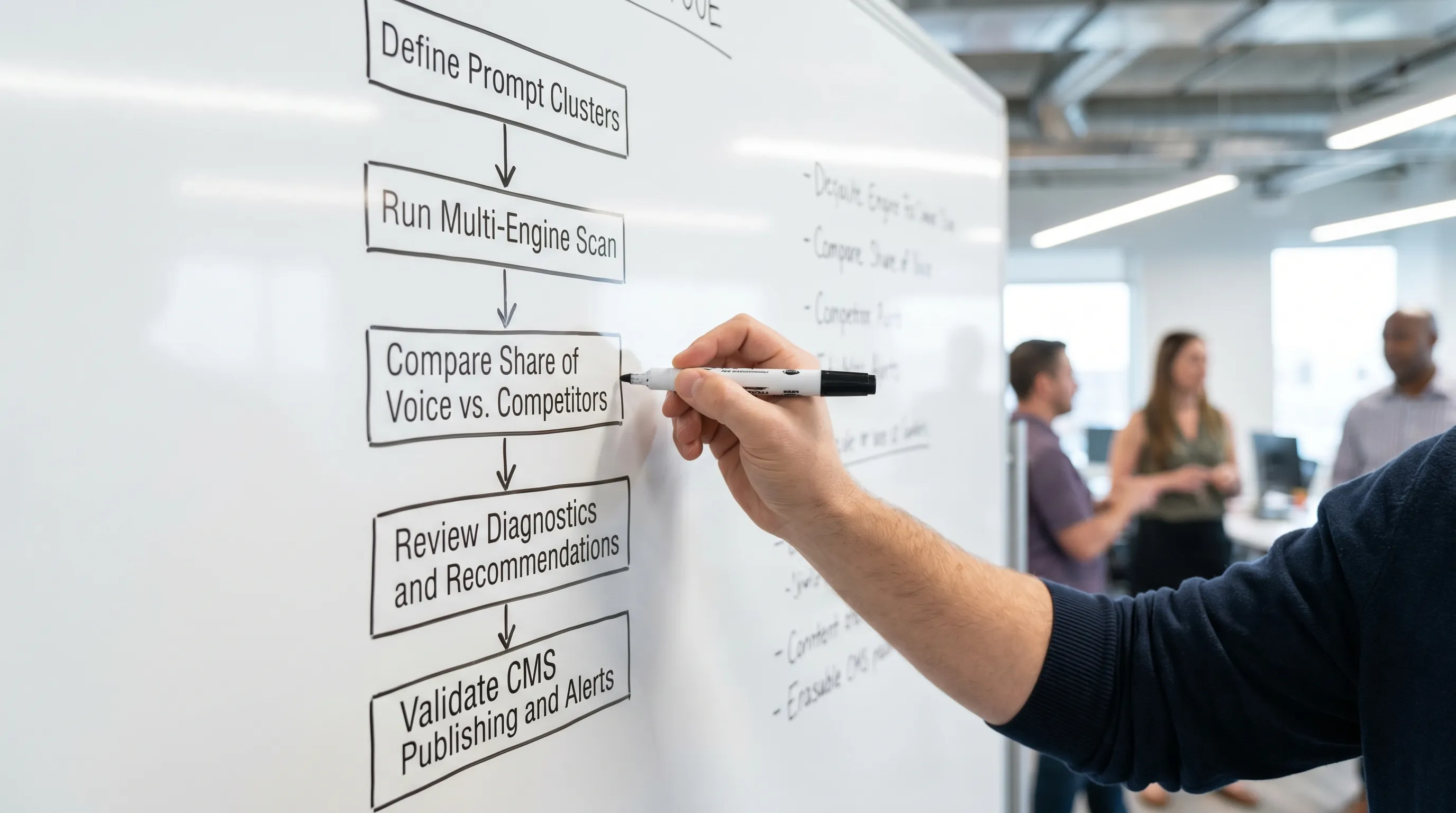 A simple decision flowchart showing AI visibility platform evaluation steps: define prompt clusters, run multi-engine scan, compare share of voice vs competitors, review diagnostics and recommendations, validate CMS publishing and alerts.