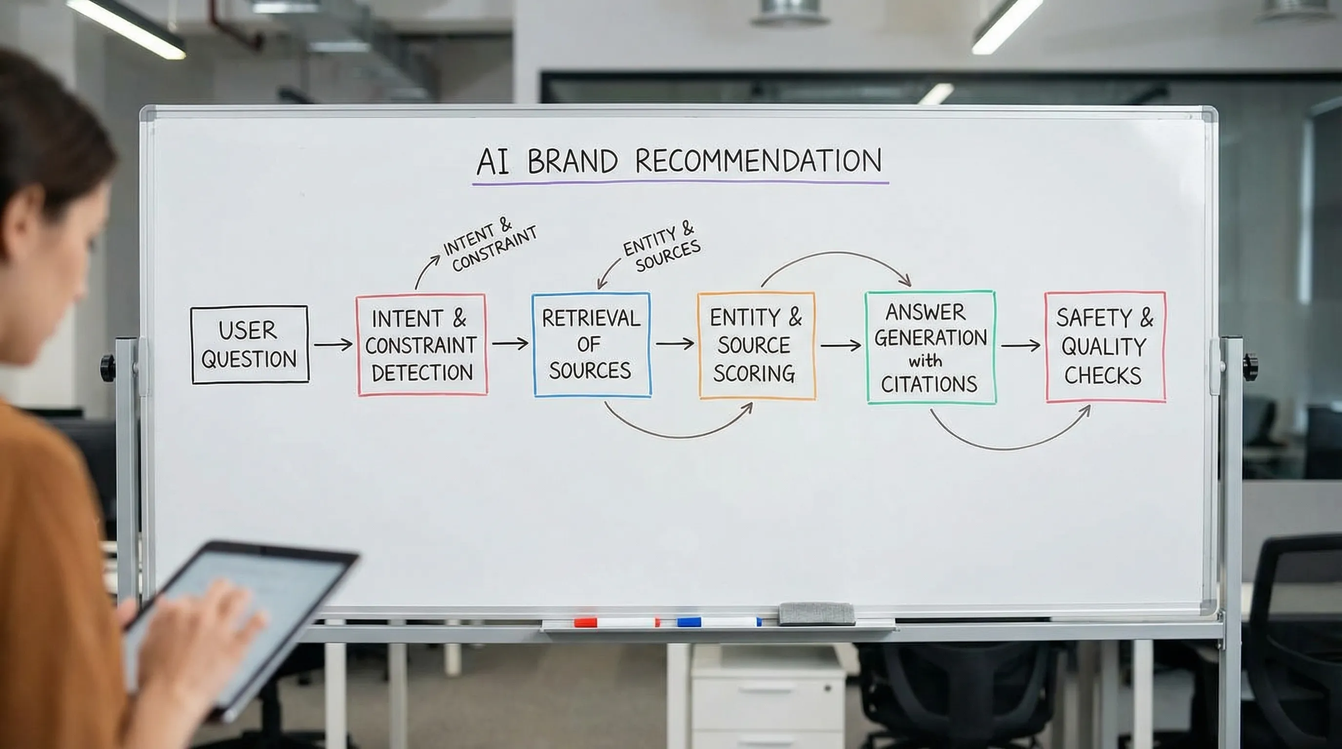 A simple flow diagram showing how an AI answer engine recommends brands: user question goes into intent and constraint detection, then retrieval of sources, then entity and source scoring, then answer generation with citations, then safety and quality checks.