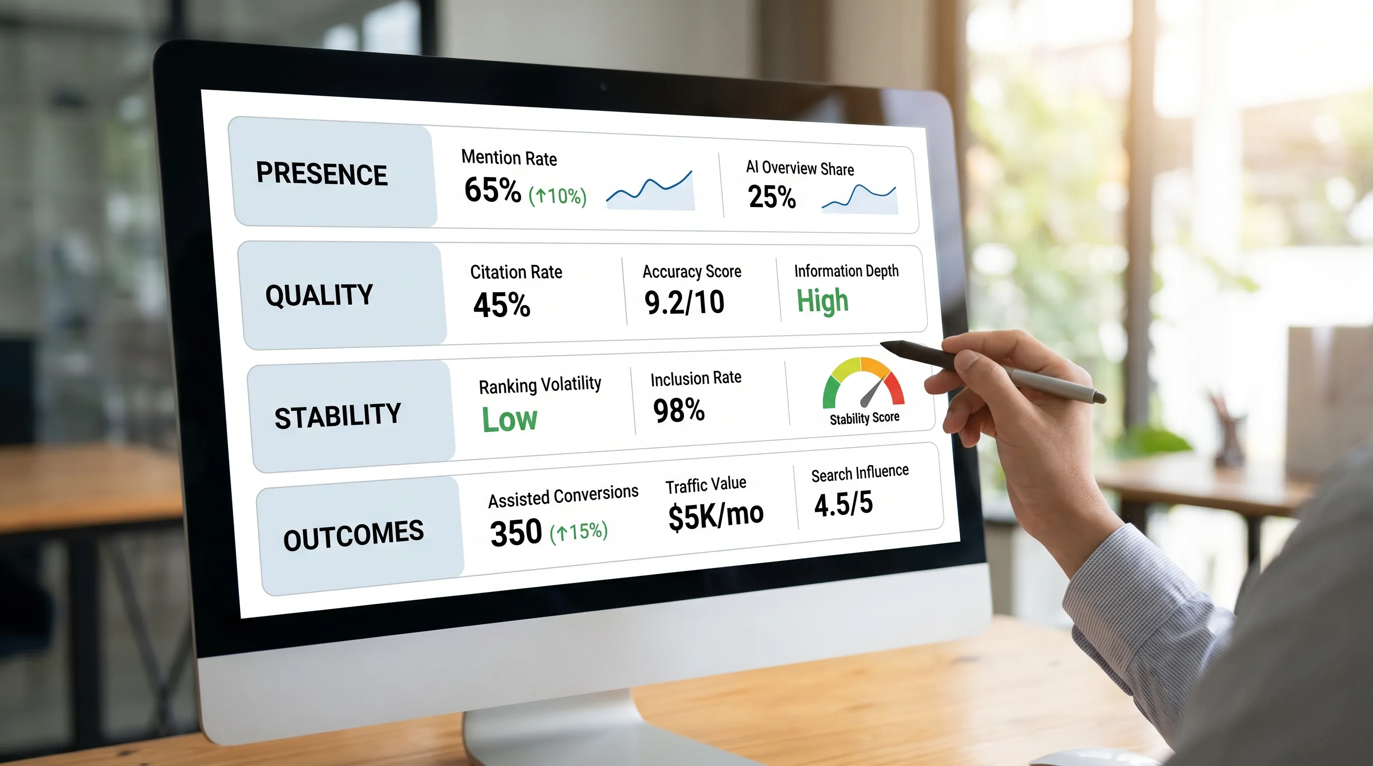 A simple four-layer dashboard concept showing AI search visibility KPIs grouped into Presence, Quality, Stability, and Outcomes, with example metrics in each layer like mention rate, citation rate, accuracy score, volatility, and assisted conversions.