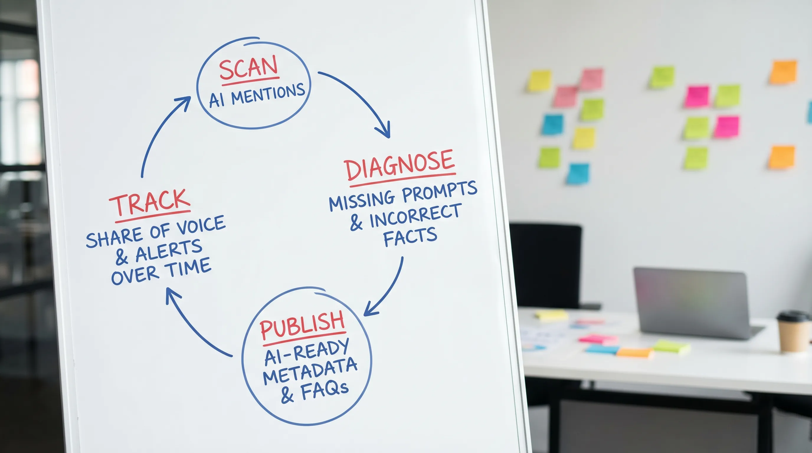 A simple four-step loop diagram: Scan AI mentions, diagnose missing prompts and incorrect facts, publish AI-ready metadata and FAQs, then track share of voice and alerts over time.