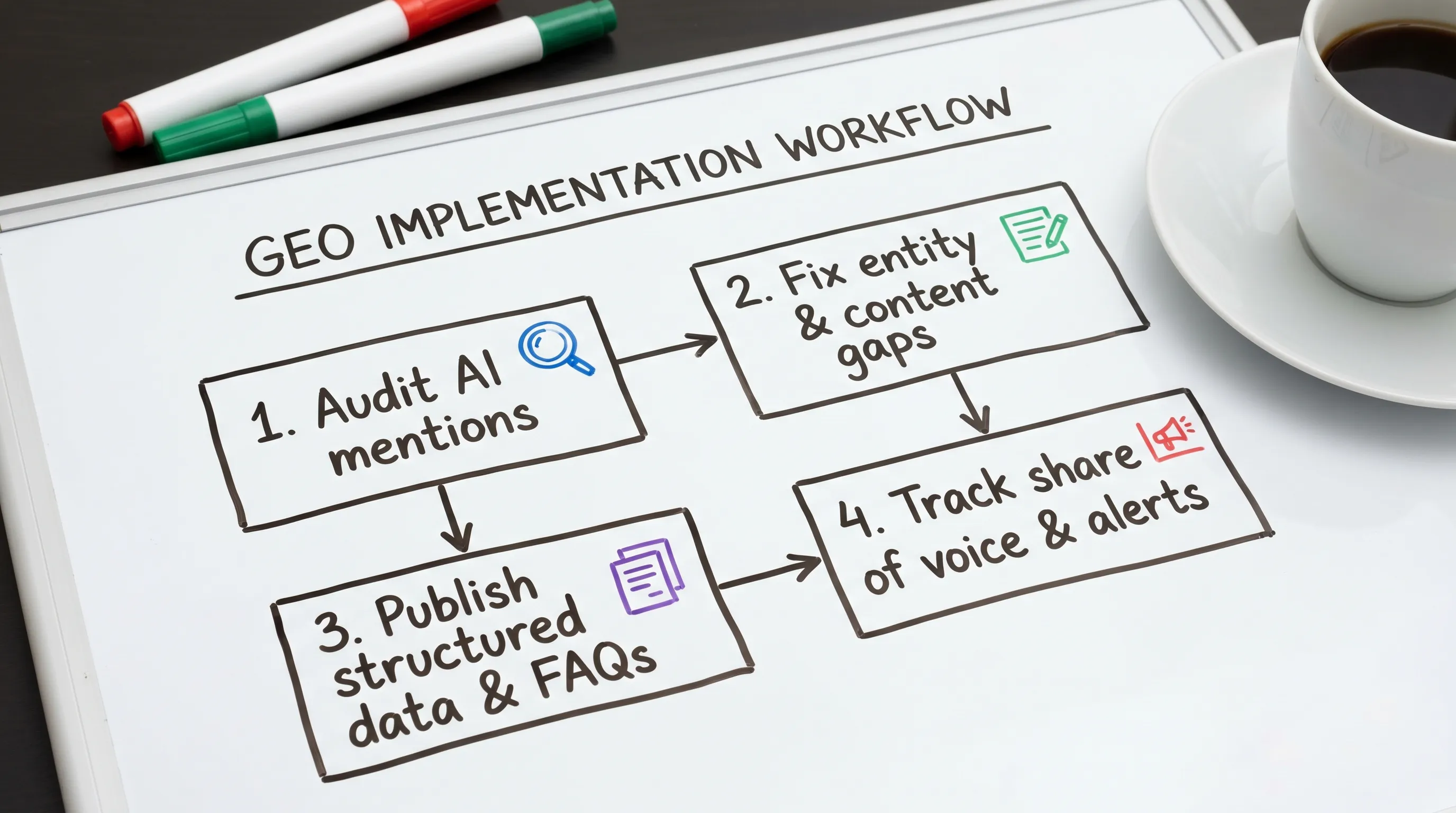 A simple four-step workflow diagram showing GEO implementation: Audit AI mentions, Fix entity and content gaps, Publish structured data and FAQs, Track share of voice and alerts.