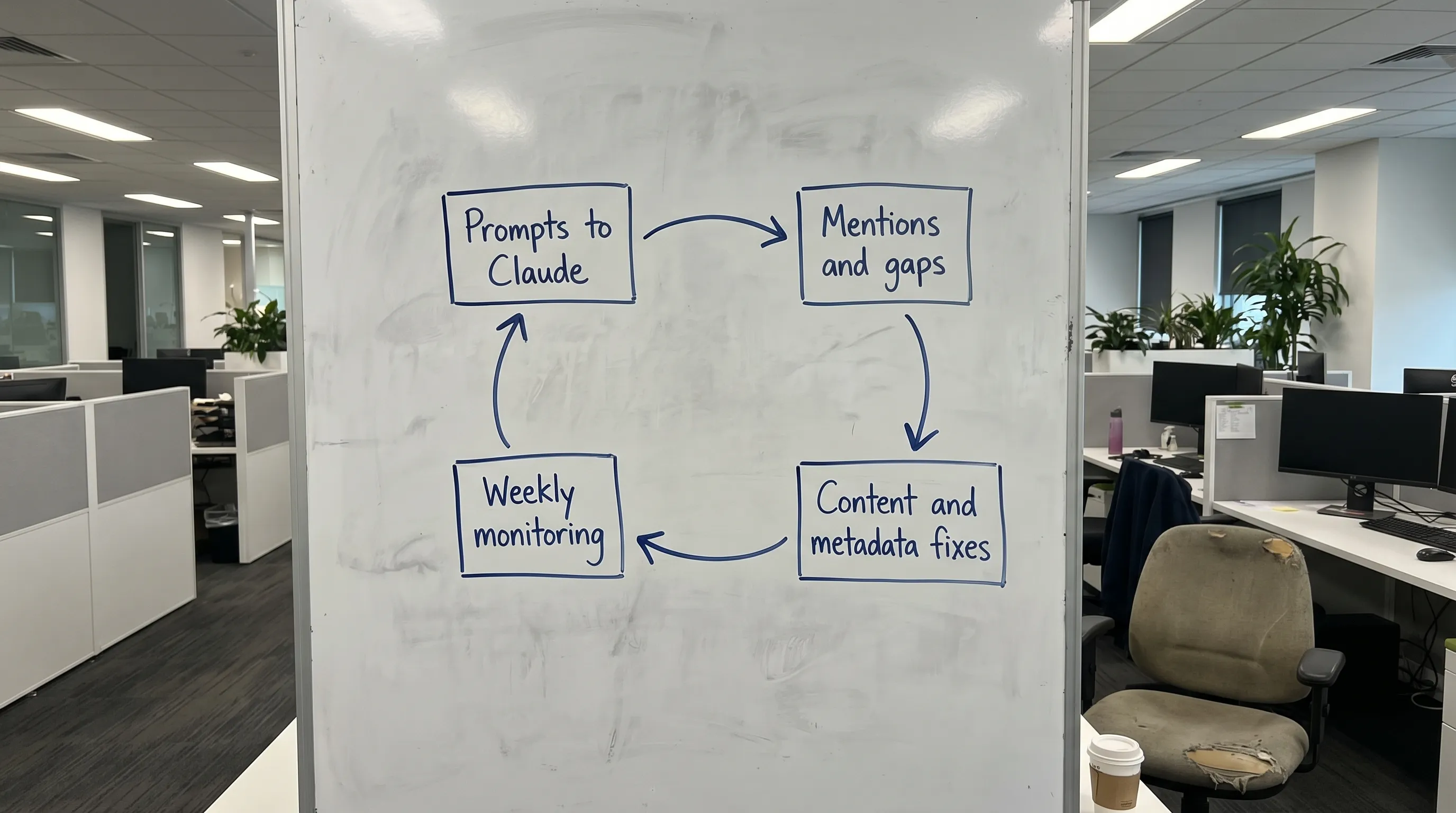 A simple loop diagram with four labeled steps: “Prompts to Claude” leads to “Mentions and gaps,” then to “Content and metadata fixes,” then to “Weekly monitoring,” forming a continuous cycle.