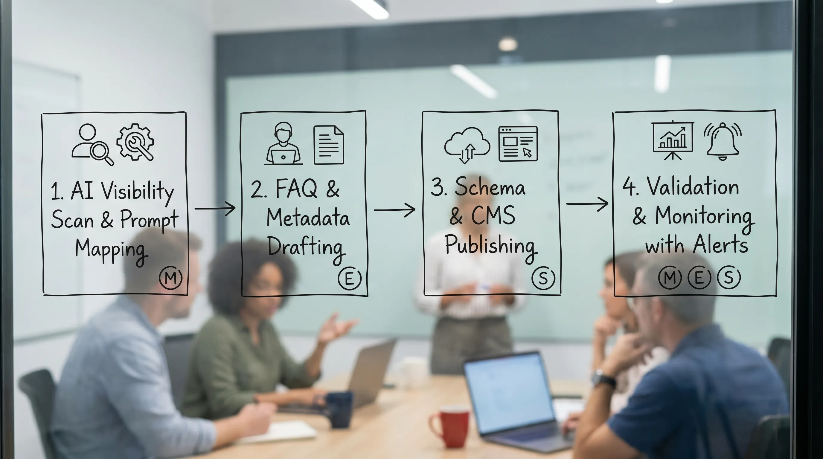 A simple workflow diagram showing a web team pipeline: AI visibility scan and prompt mapping, then FAQ and metadata drafting, then schema and CMS publishing, then validation and monitoring with alerts. Each step has an owner icon for marketing, engineering, and SEO.