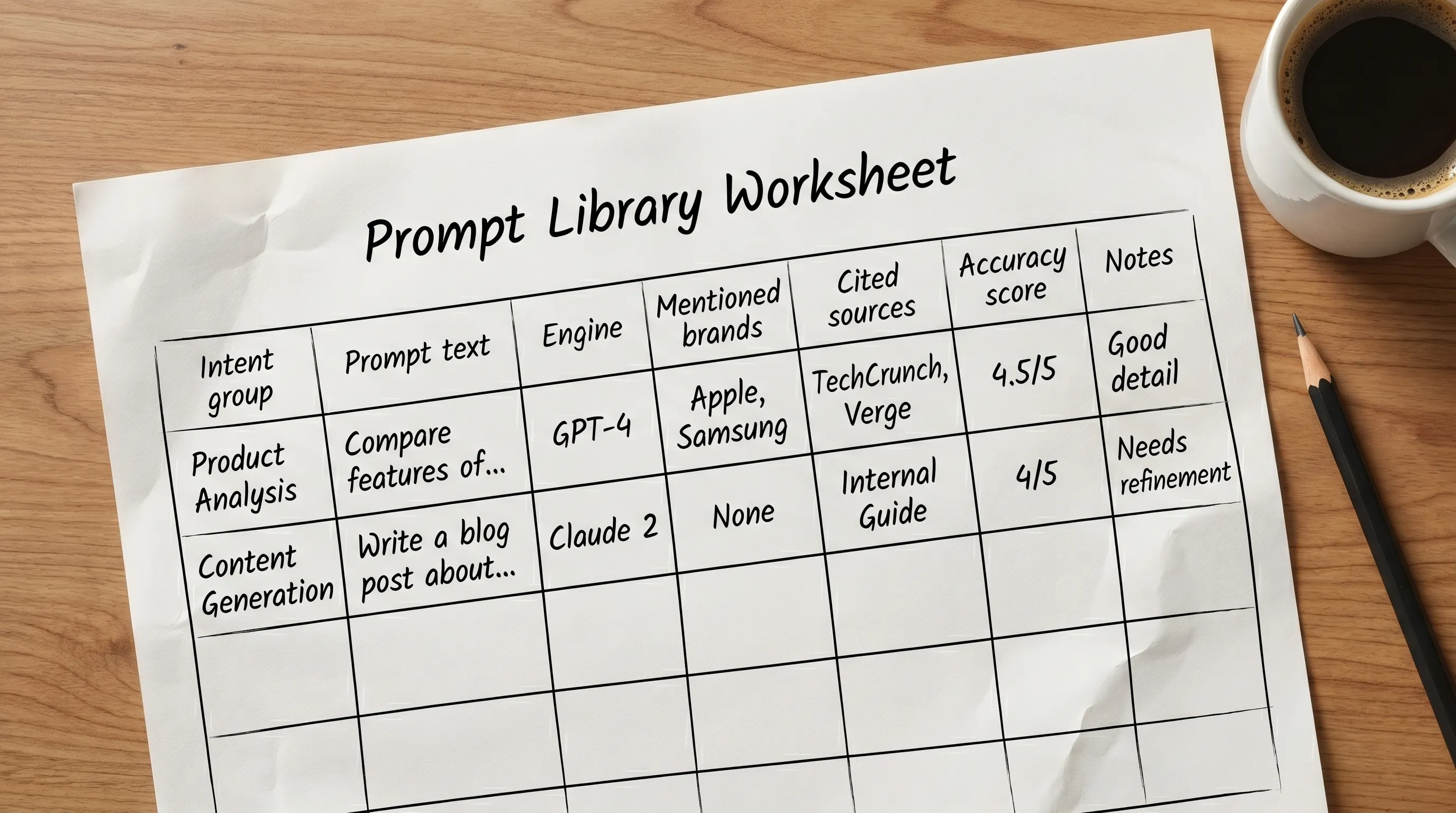 A simple worksheet-style table mockup showing a prompt library with columns for Intent group, Prompt text, Engine, Mentioned brands, Cited sources, Accuracy score, and Notes.