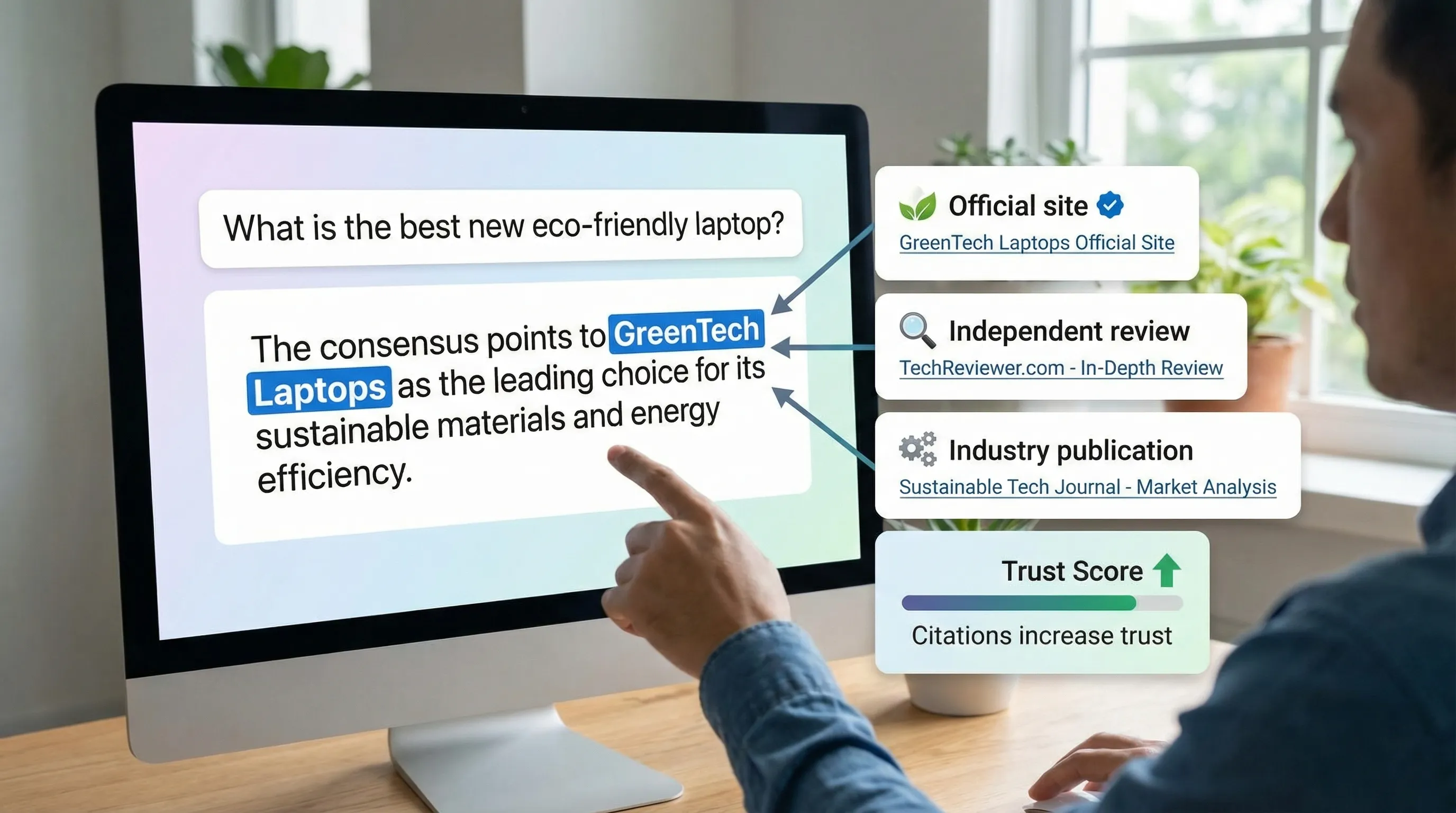 A stylized illustration of an AI answer engine interface showing a brand mention highlighted in the answer text, with three cited source cards on the right labeled “Official site”, “Independent review”, and “Industry publication”, emphasizing how citations influence trust.