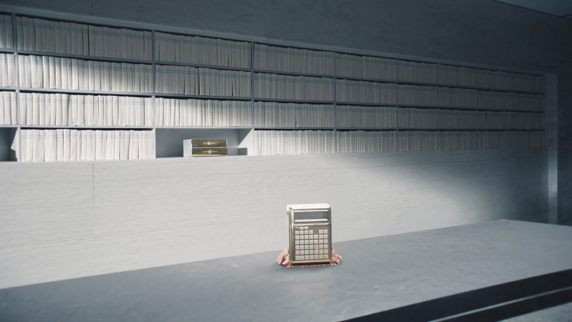 Finance library wall of ledgers with brass calculator, illustrating disciplined ROI analysis