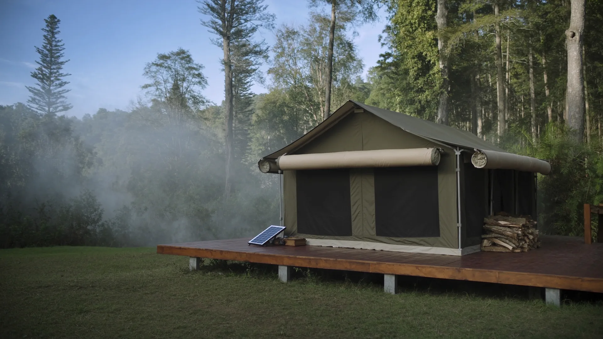 Glamping tent on a raised platform in a misty forest clearing with solar panel detail, representing eco-lodge AI visibility measurement