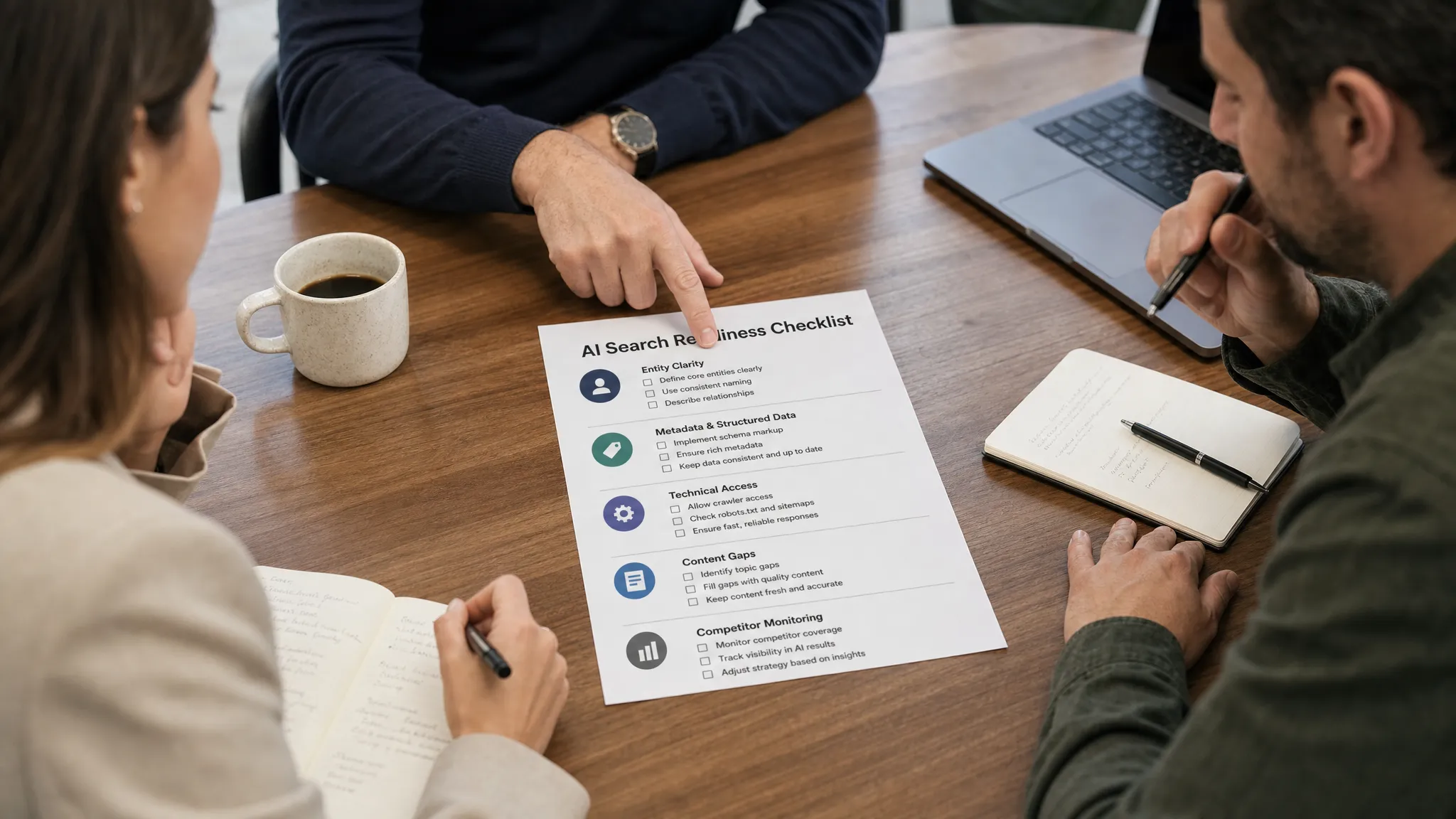 A brand team reviews a printed AI search readiness checklist on a conference table with notes for entity clarity, metadata, technical access, content gaps, and competitor monitoring.