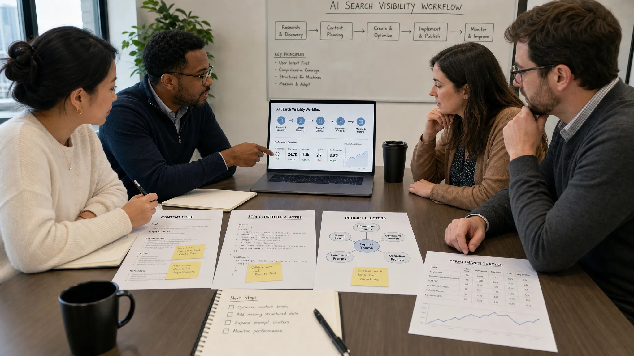 A marketing team reviews an AI search visibility workflow at a conference table, with printed content briefs, structured data notes, prompt clusters, and performance metrics spread around them, while a laptop sits open with its screen facing the team.