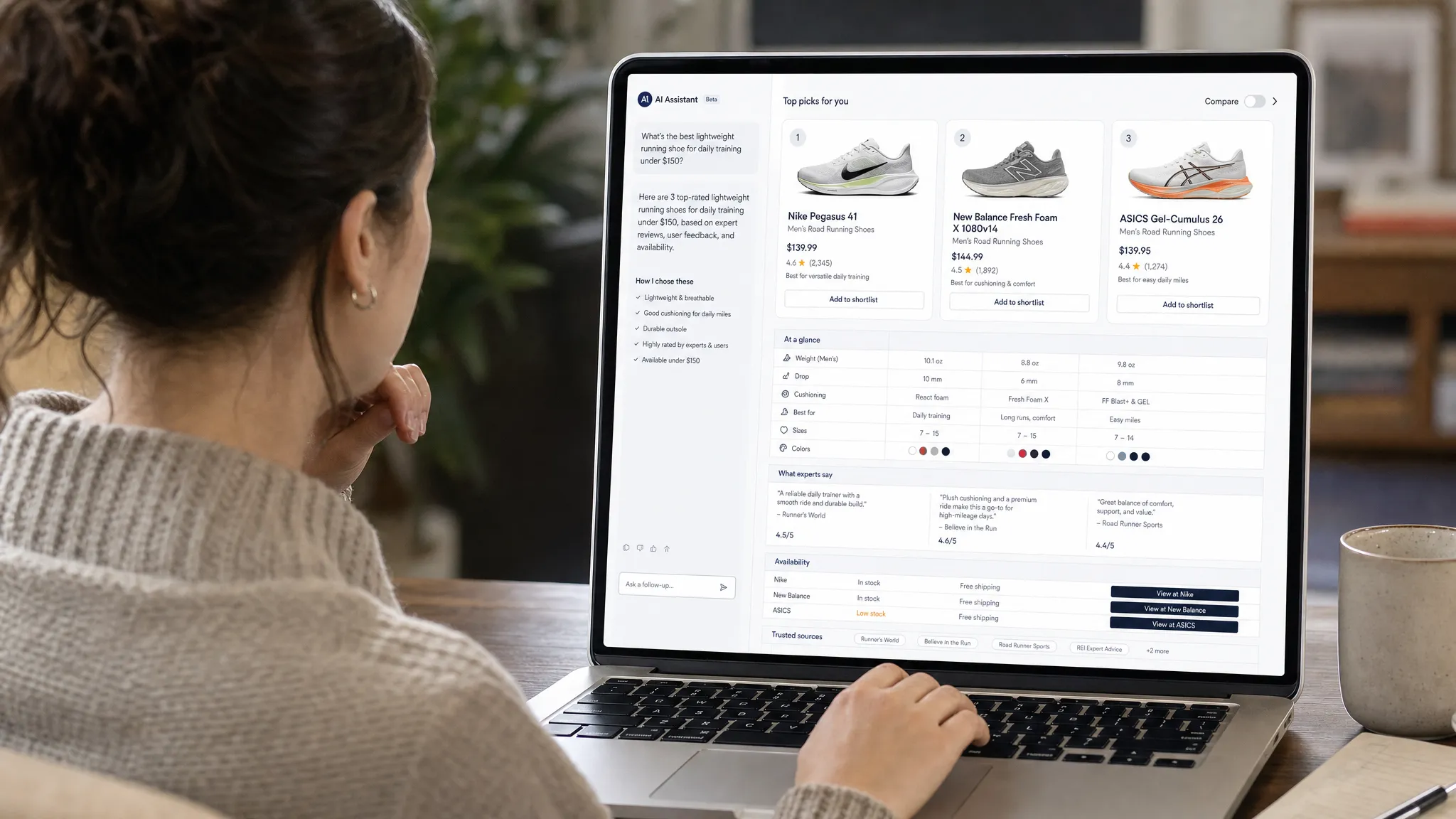 A shopper comparing product recommendations generated by an AI assistant, with a split-screen interface showing a shortlist, review snippets, product specs, availability, and trusted source citations.