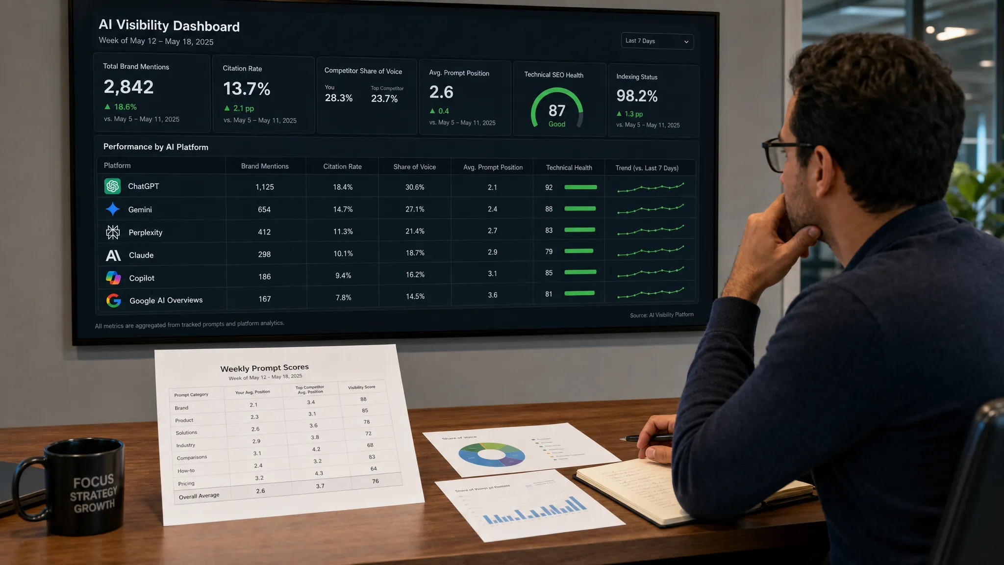 A strategist reviews an AI visibility dashboard on a wall display showing brand mentions, citation rates, competitor share of voice, and technical SEO health across ChatGPT, Gemini, Perplexity, Claude, Copilot, and Google AI Overviews, with printed weekly prompt scores on the table in front.