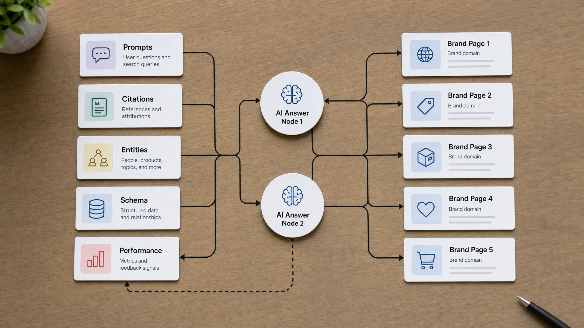 A tabletop diagram with cards labeled prompts, citations, entities, schema, and performance connected by lines to a set of brand pages and AI answer nodes.