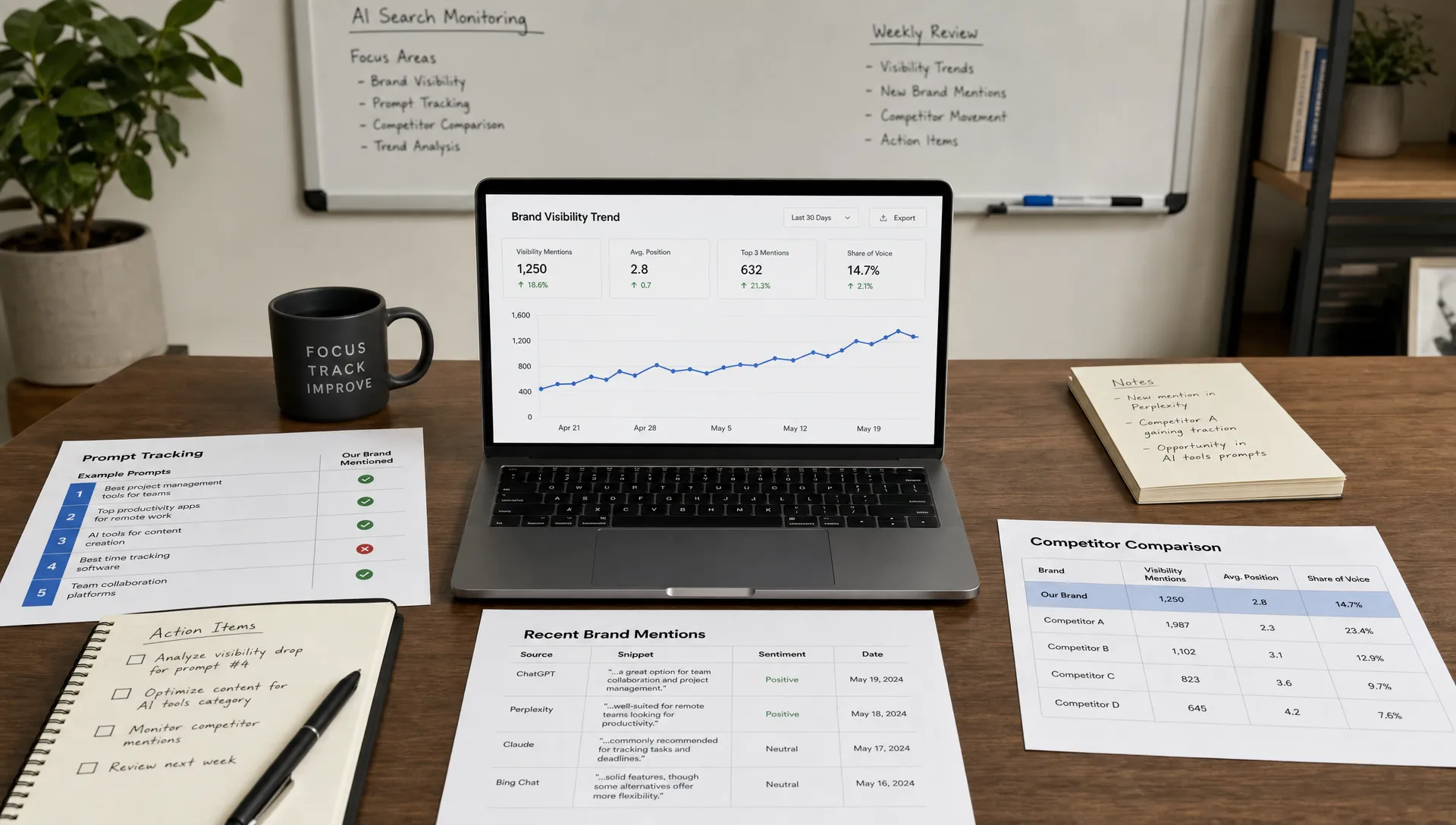 A clean AI search monitoring workspace with printed prompt results, brand mention notes, competitor comparison columns, and a laptop facing the viewer with a simple visibility trend chart on the screen.