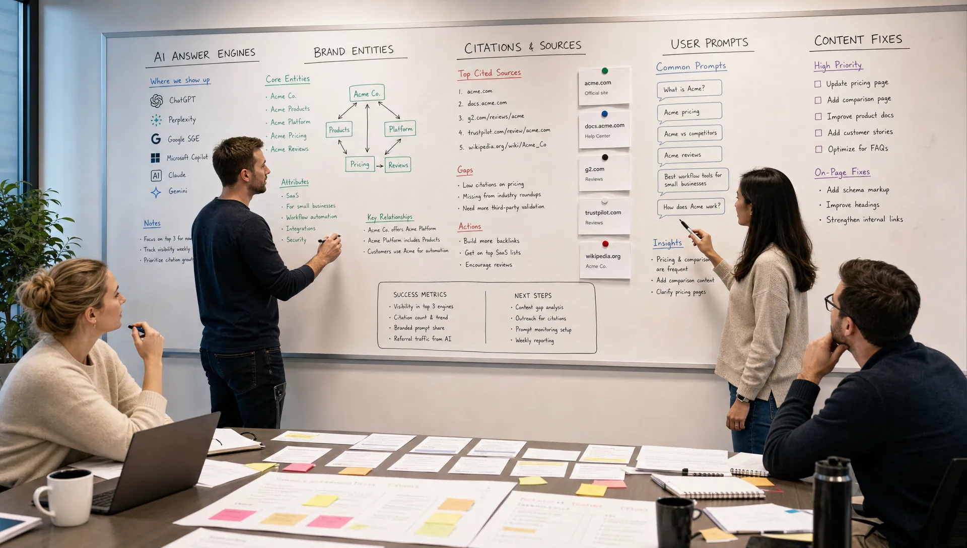 A marketing team mapping AI answer engines, brand entities, citations, prompts, and content fixes on a large whiteboard during a planning session, with printed notes and source cards spread across the table in front of them.