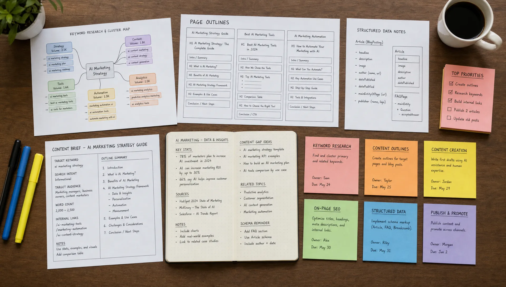 A marketing team workspace with printed prompt maps, page outlines, structured data notes, and color-coded SEO task cards arranged on a table to show an organized AI-assisted workflow, viewed from above with the materials spread across multiple sections.