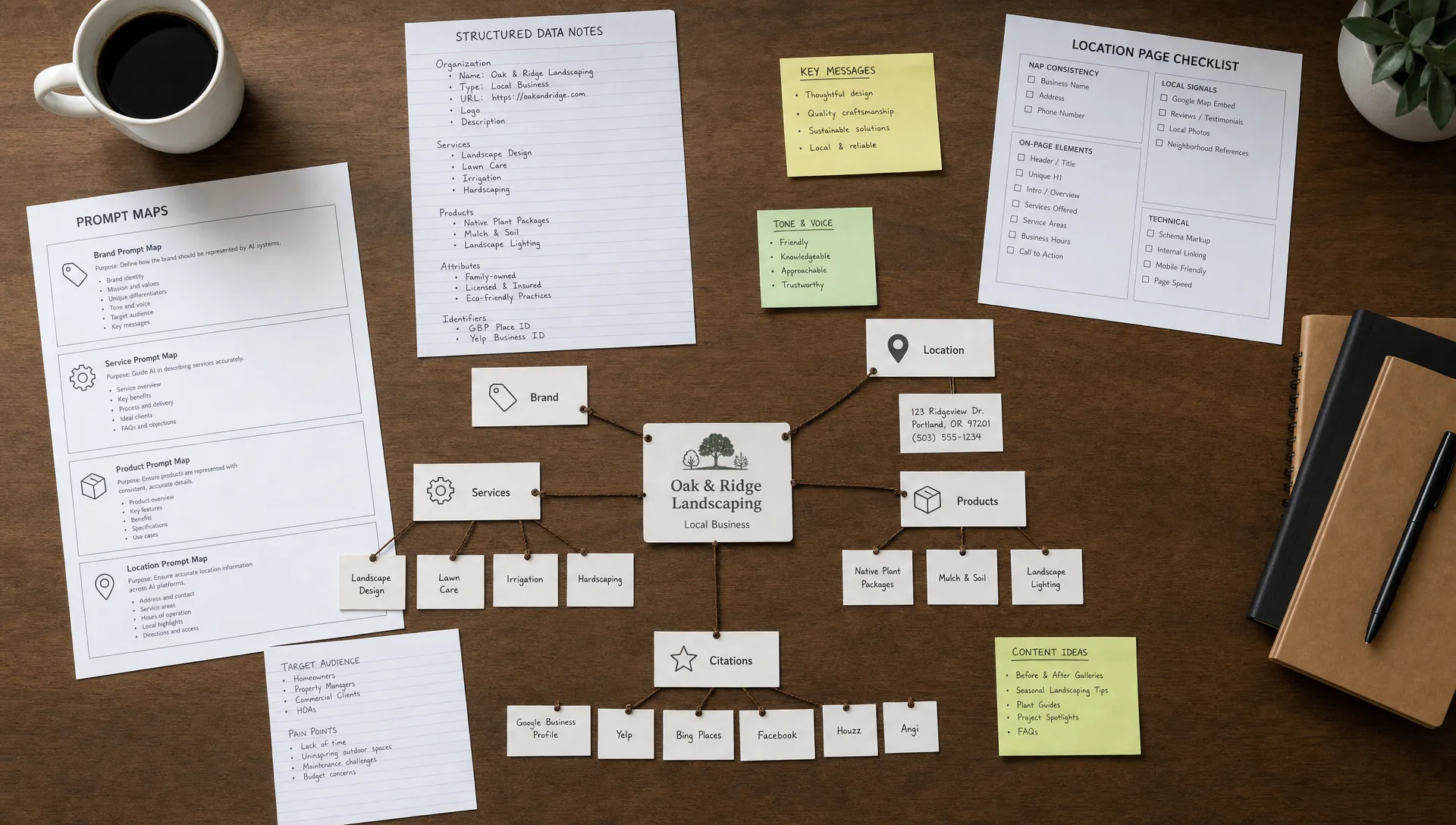 A tabletop workspace showing printed prompt maps, structured data notes, location page checklists, and connected cards representing brand entities, services, products, and citations, with the materials arranged in separate clusters around a central entity map.