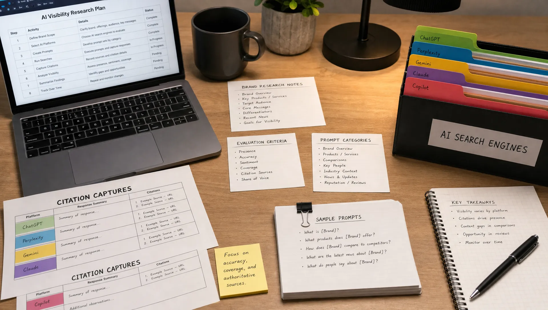 An organized workspace with brand research notes, prompt cards, citation printouts, and colored tabs for different AI search engines, showing a structured process for evaluating AI visibility without exposing sensitive data.