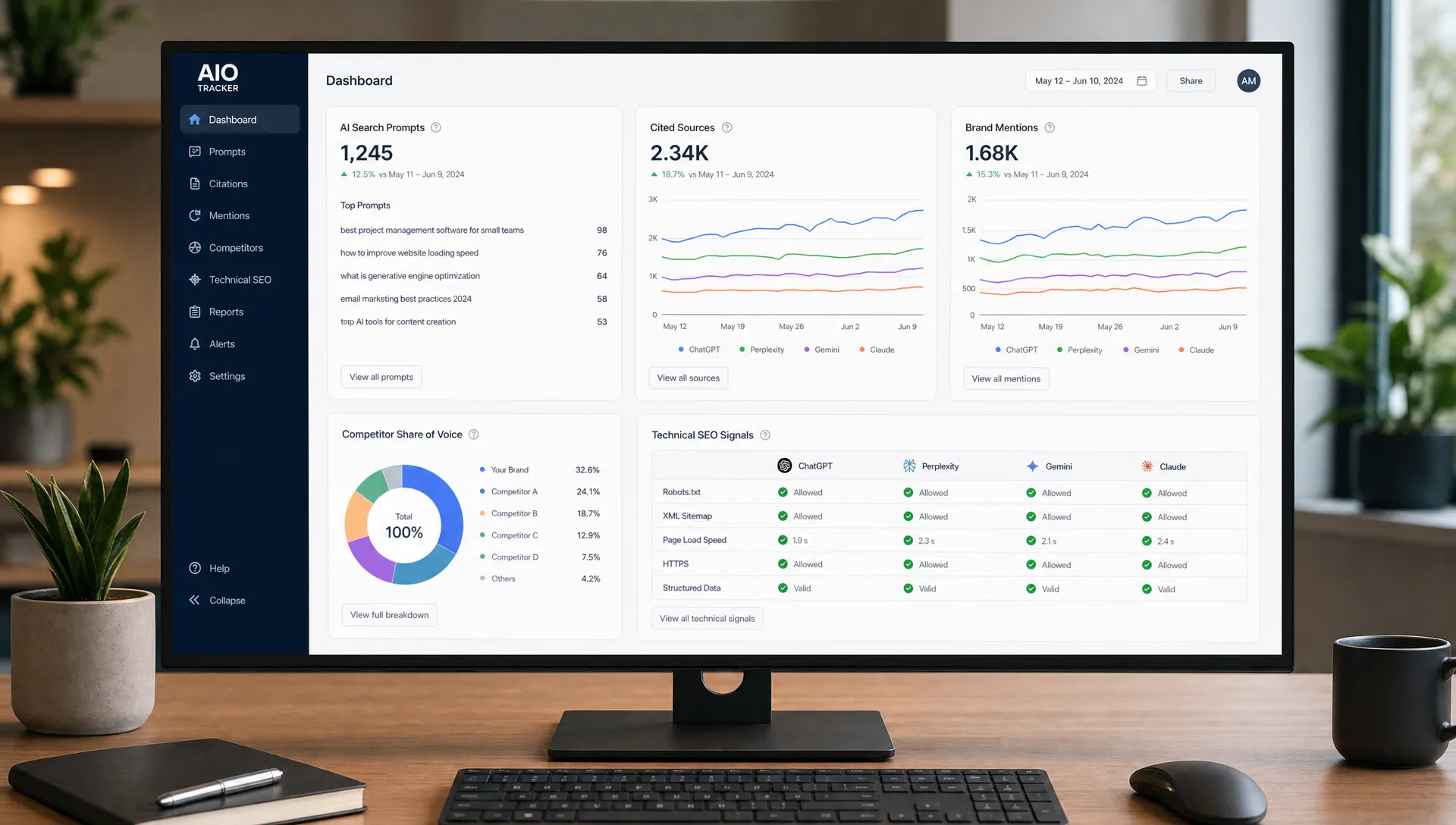 A clean dashboard on a large screen showing AI search prompts, cited sources, brand mentions, competitor share of voice, and technical SEO signals across multiple generative engines, viewed straight on in a modern workspace.