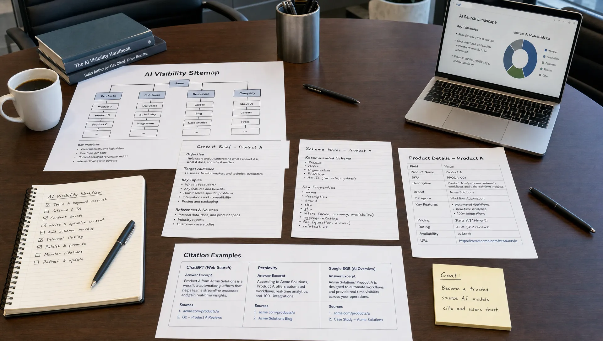A conference table holds a sitemap printout, content briefs, schema notes, product details, and citation examples for an AI visibility workflow.