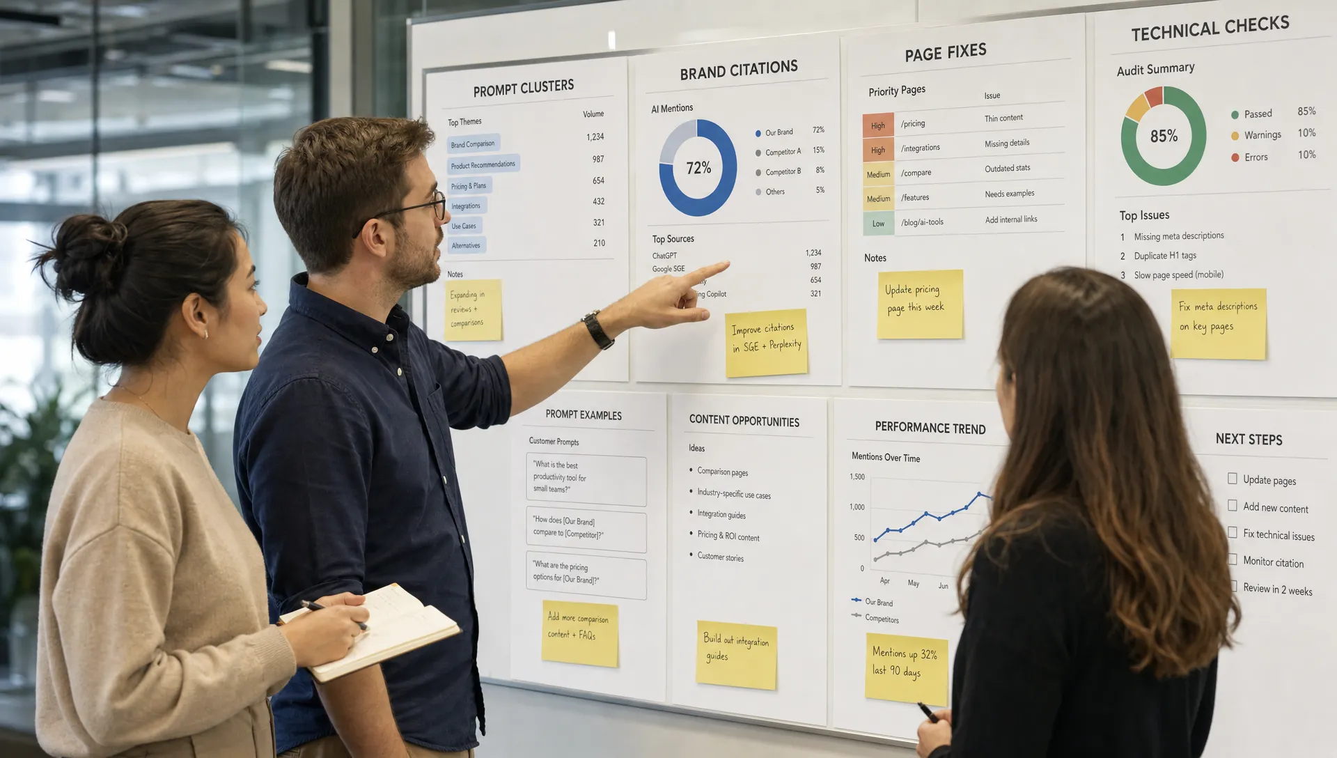 A marketing operations team reviews a wall board of prompt clusters, brand citations, page fixes, and technical checks.