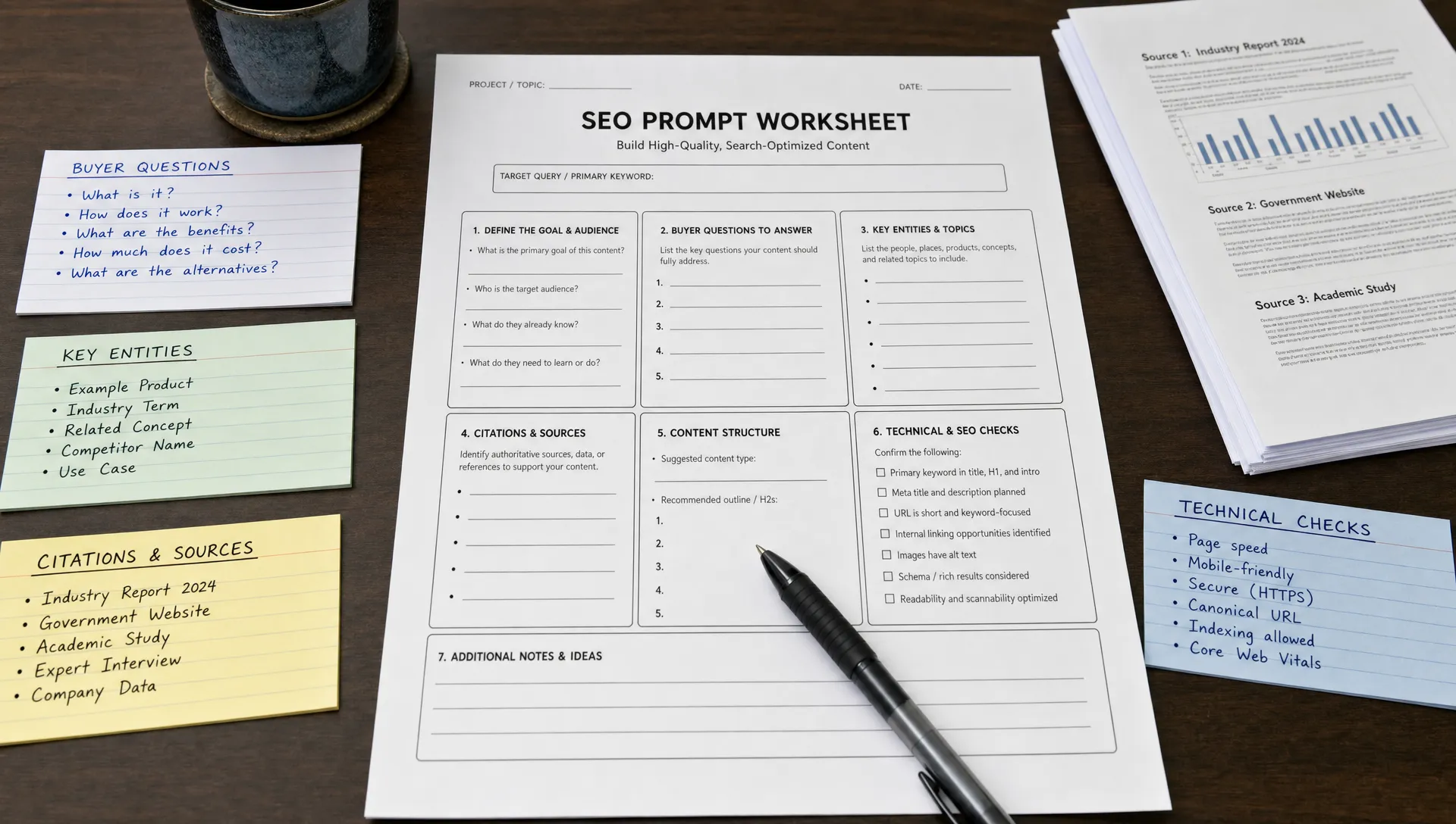 A printed SEO prompt worksheet sits beside question cards, citation notes, and source pages for AI visibility gap analysis.