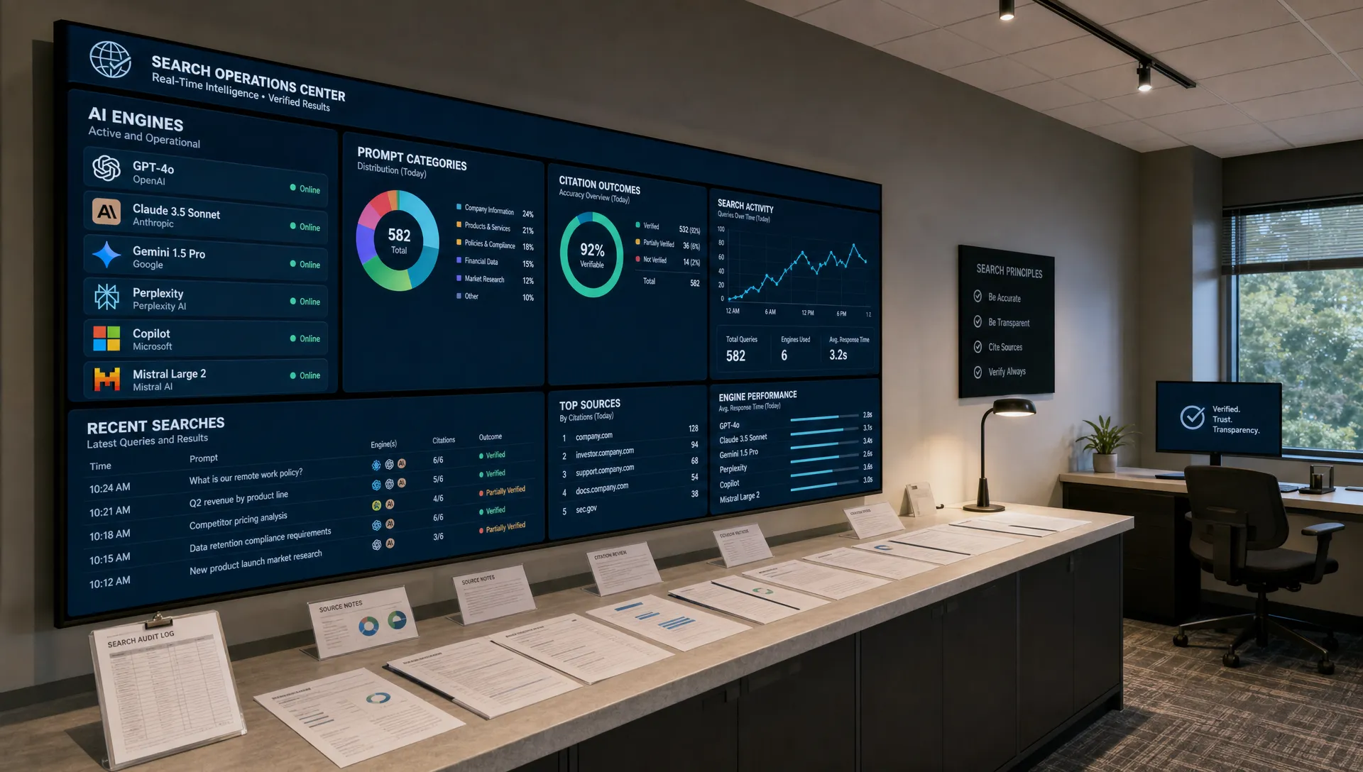 A search operations room tracks AI mentions and citations across multiple engines.