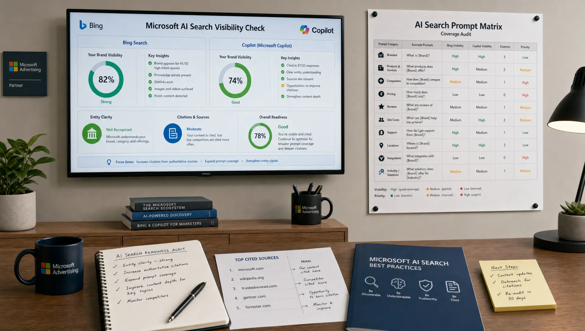 A search operations workspace shows Bing and Copilot visibility checks, prompt notes, and audit materials for Microsoft AI search readiness.