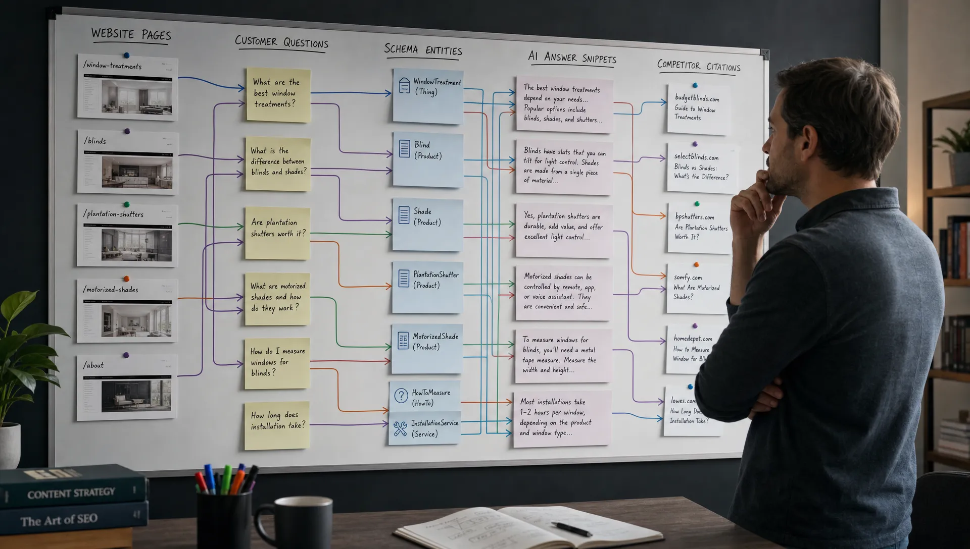 A strategist studies a wall map connecting website pages, customer questions, schema entities, AI answer snippets, and competitor citations.