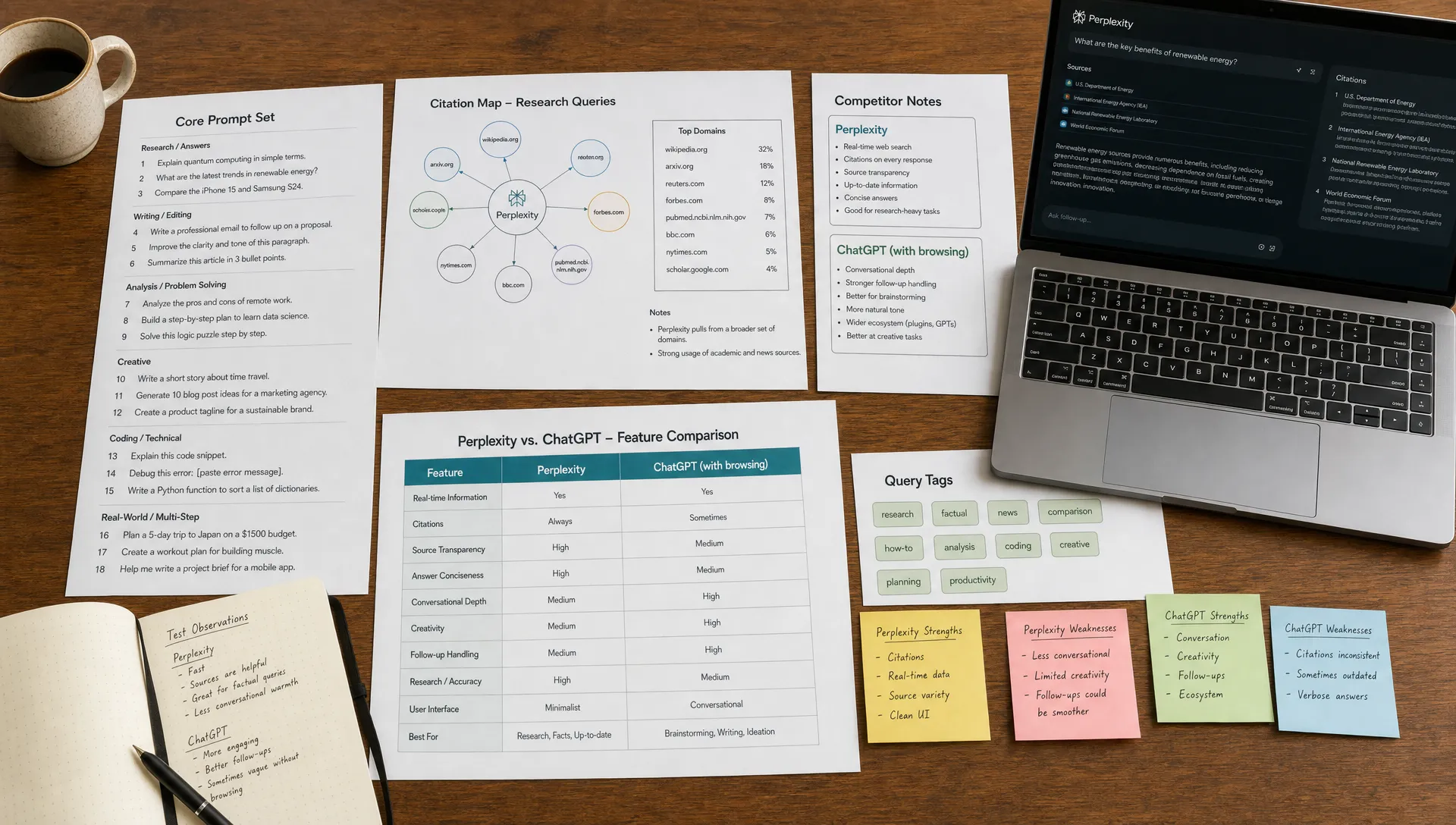 A strategy workspace shows printed prompt lists, citation maps, competitor notes, and tags comparing Perplexity with ChatGPT.