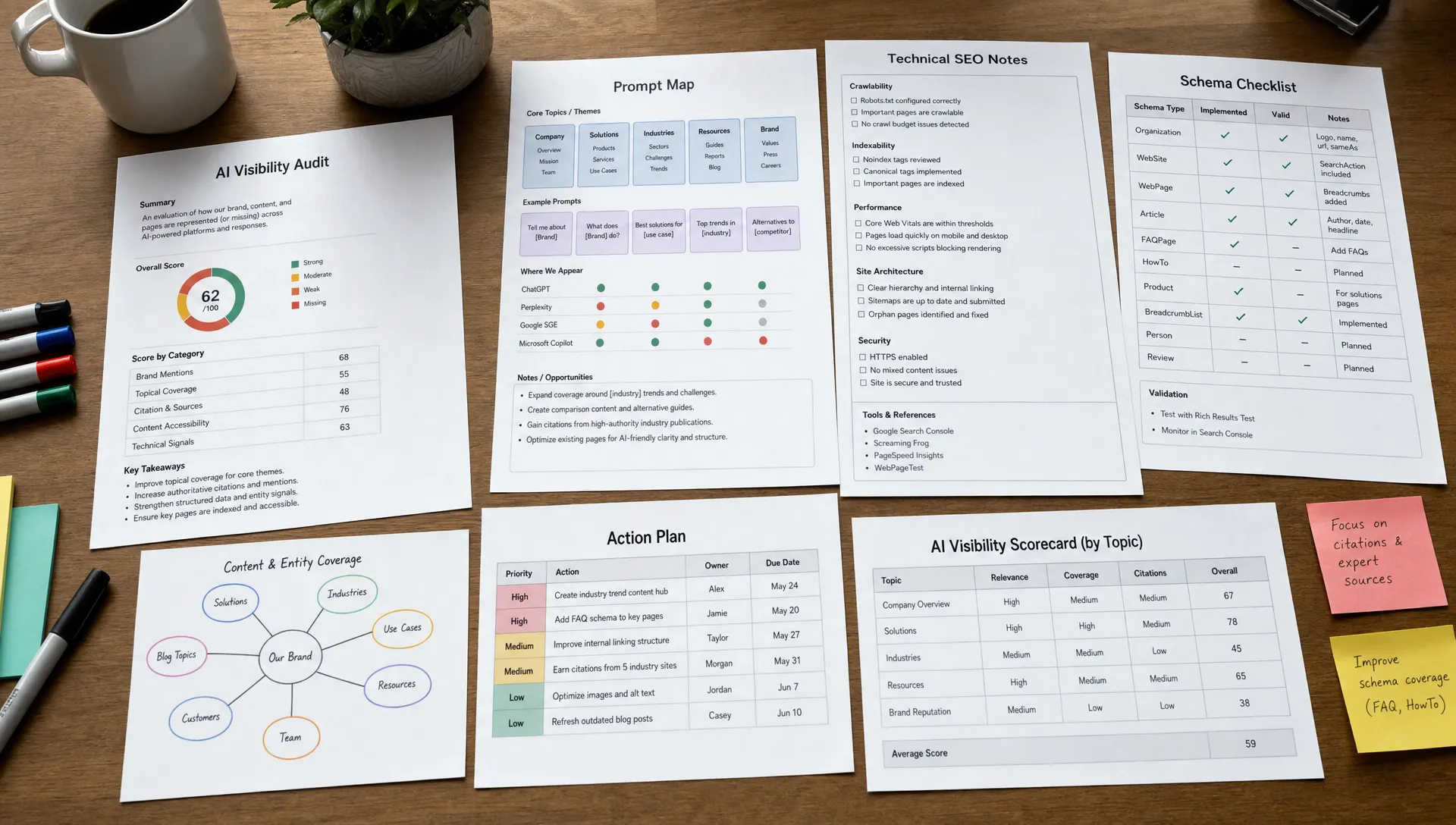 A tabletop arrangement of printed AI visibility audit sheets, prompt maps, technical SEO notes, schema checklists, and colored markers laid out for a collaborative review session.