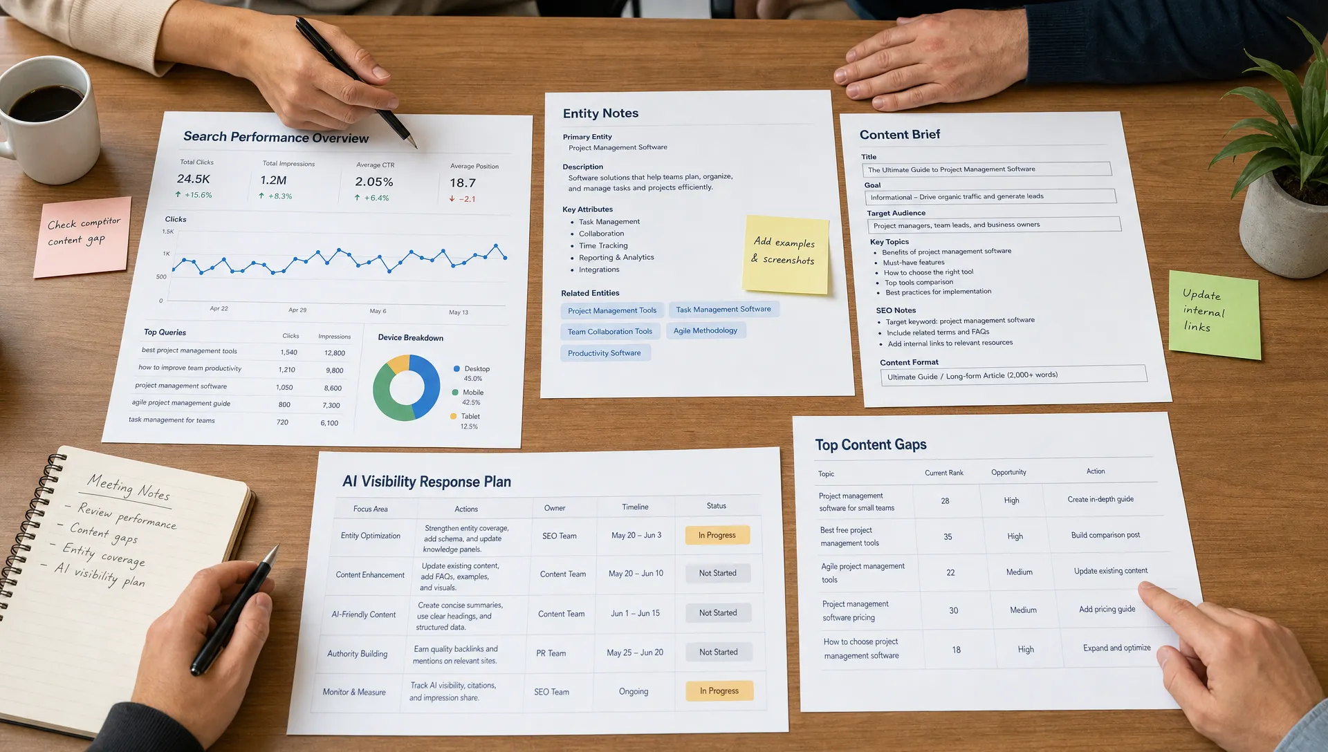Printed search performance charts, entity notes, content briefs, and a simple AI visibility response plan arranged on a table for a marketing team review.