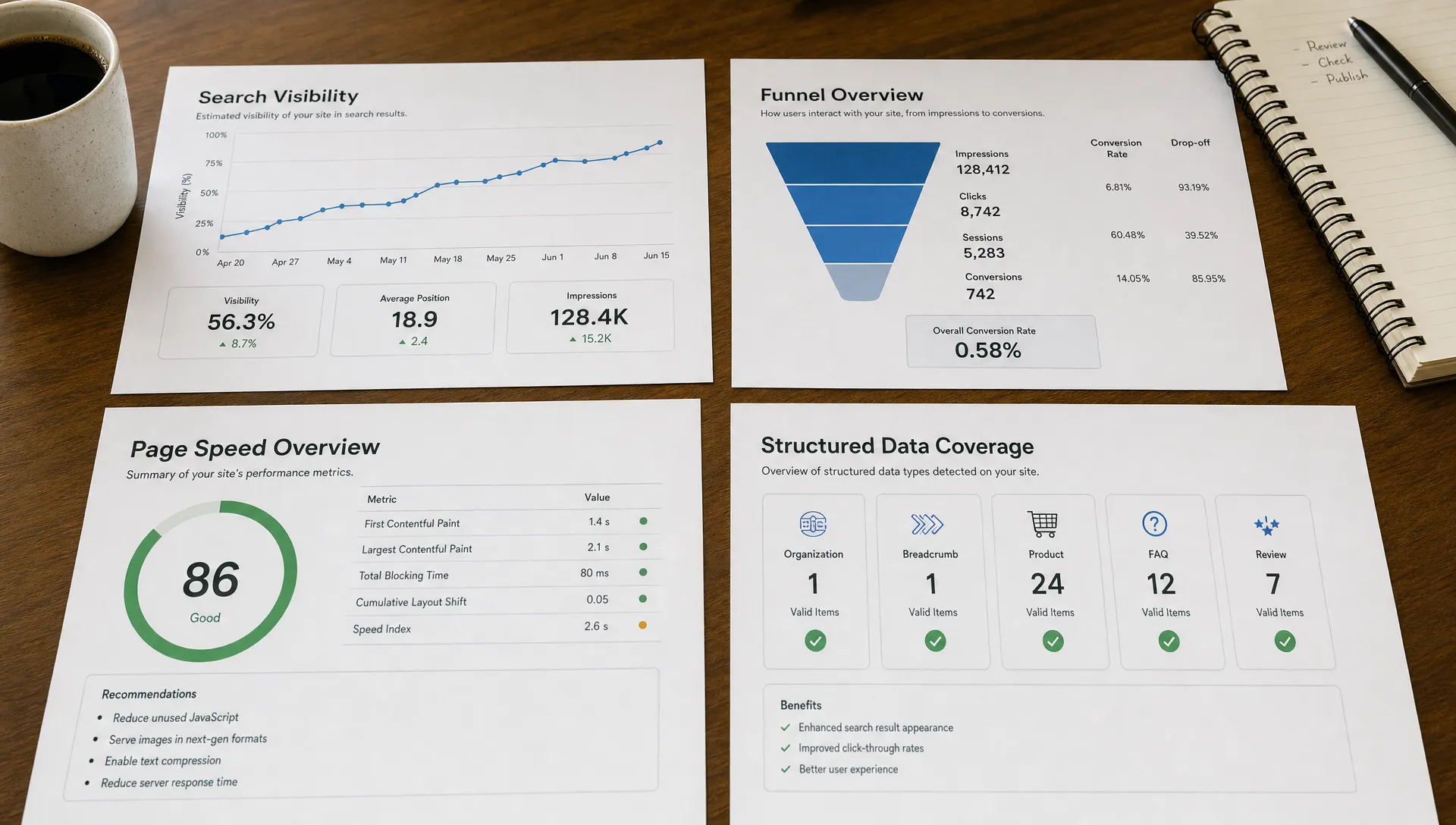 Printed search visibility charts, funnel metrics, page speed notes, and structured data cards are laid out on a table.