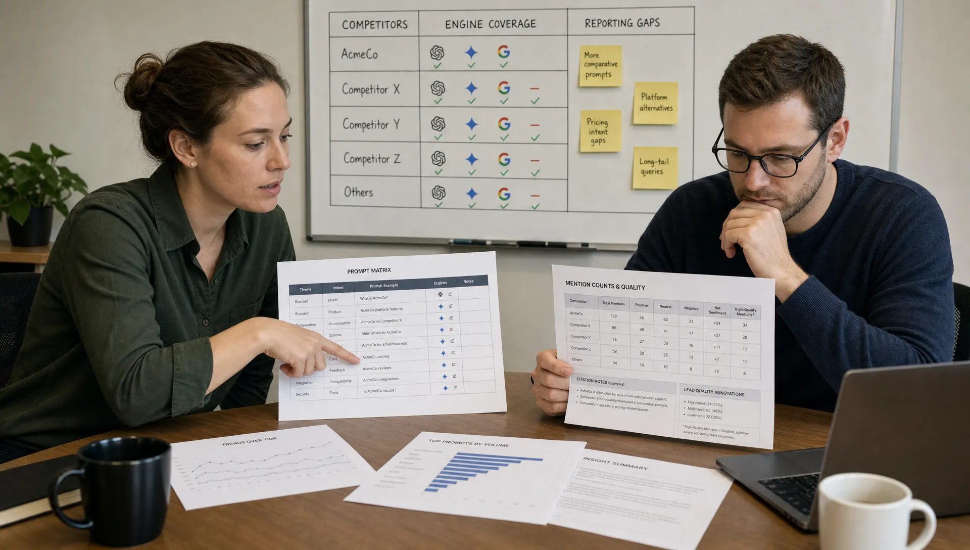 Two analysts review prompt coverage, citations, and lead quality during an AI search strategy meeting.