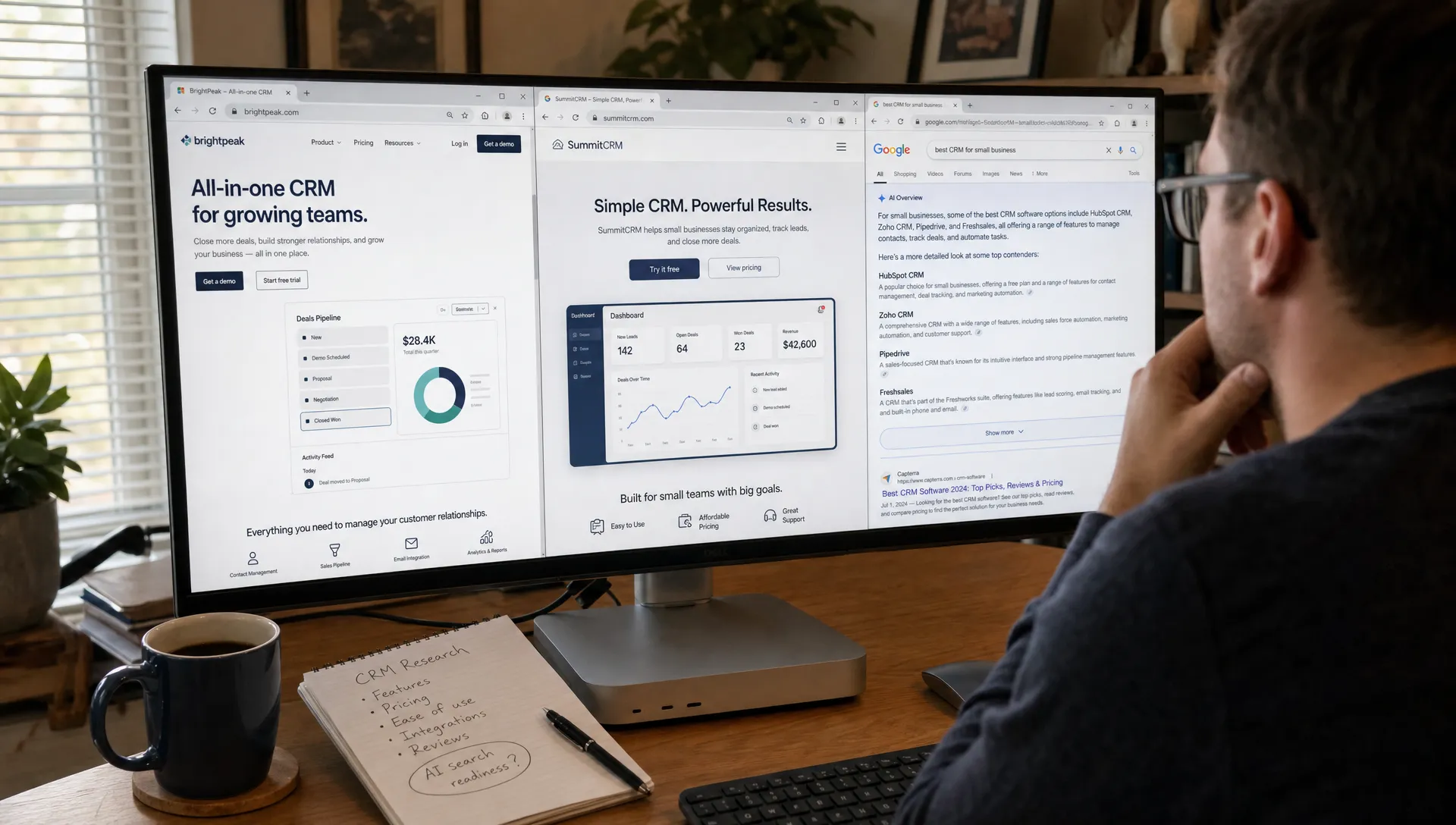 A buyer compares a brand site and competitors at a home office desk while researching options.