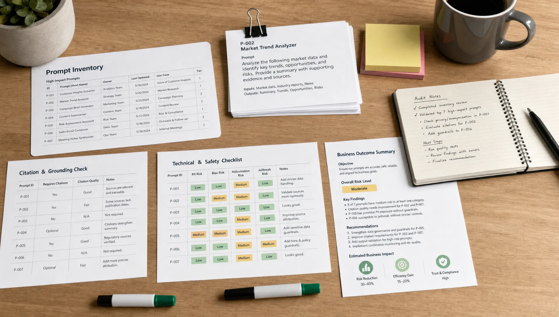 A clean worktable with prompt cards, citation notes, technical checklists, and a business outcome summary laid out as an audit in progress.