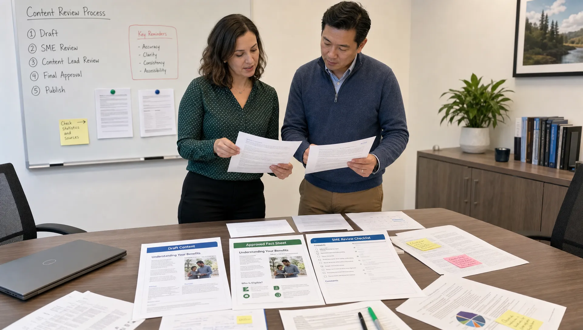A content lead and reviewer compare a draft page with approved facts before publishing AI-assisted content.