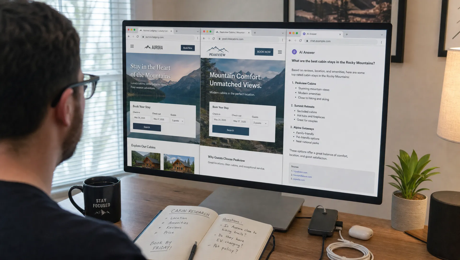 A home-office desktop shows a brand page, a competitor page, and an AI answer summary side by side.