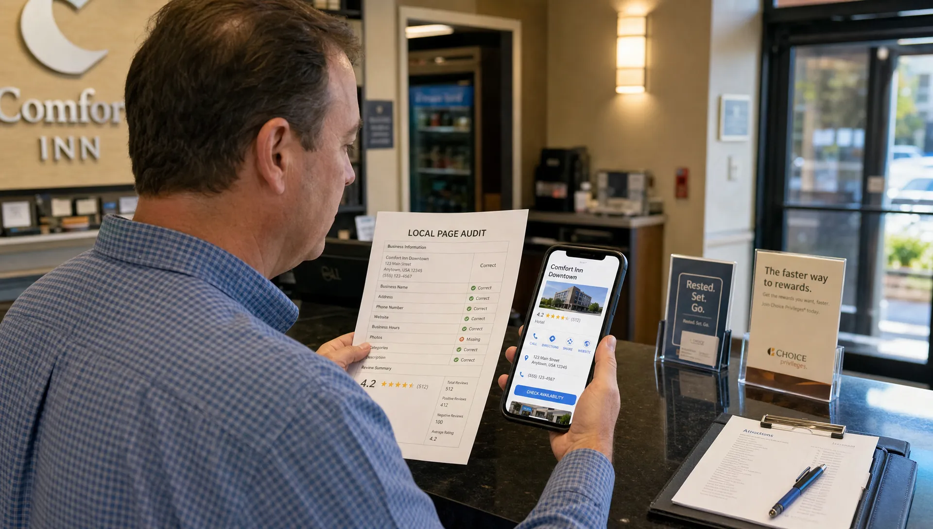 A hotel manager compares a local page audit with a customer listing at a service counter.