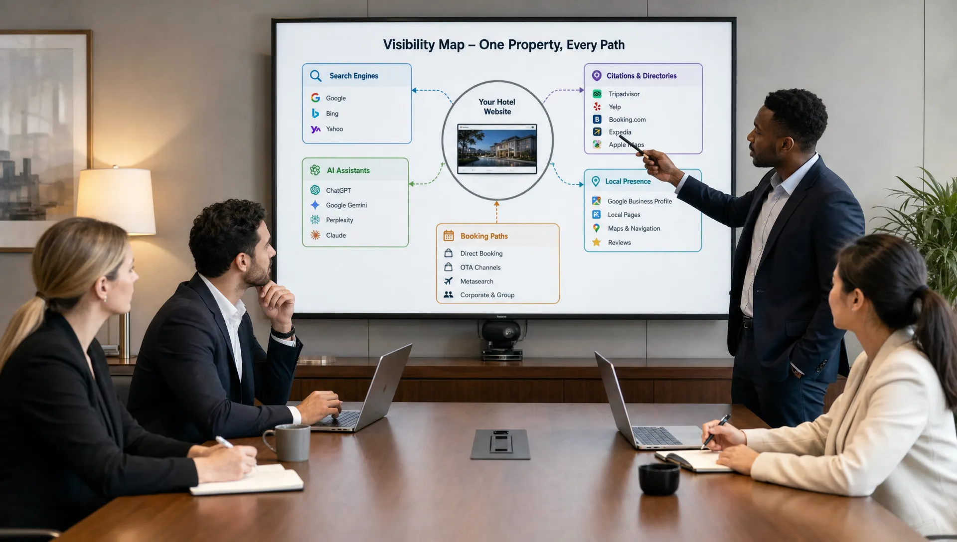 A hotel team reviews a visibility map with search engines, AI assistants, citations, local pages, and booking paths tied to one property website.