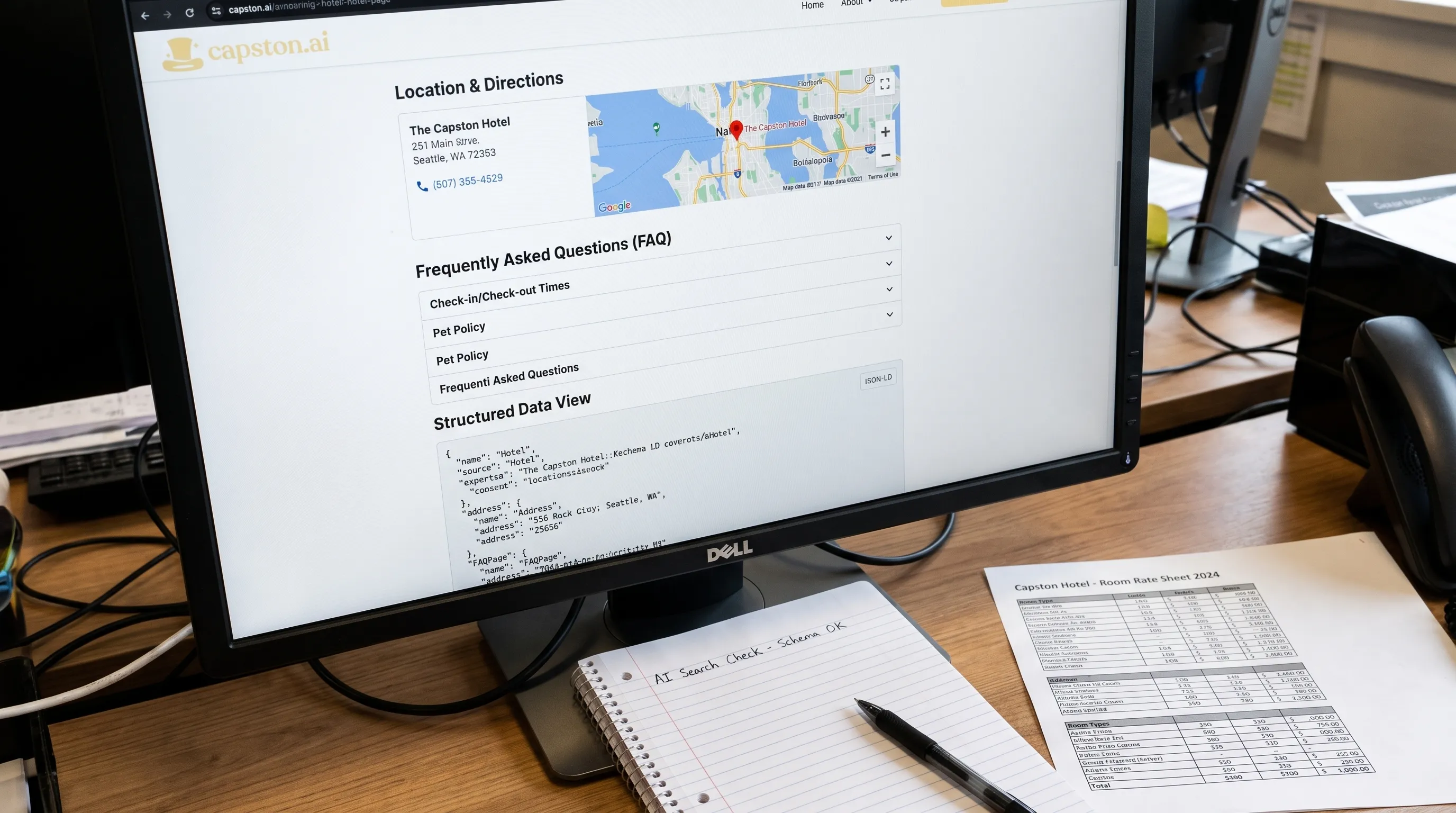 A hotel website page on a monitor shows location details, FAQs, and structured data fields being checked for AI search readiness.