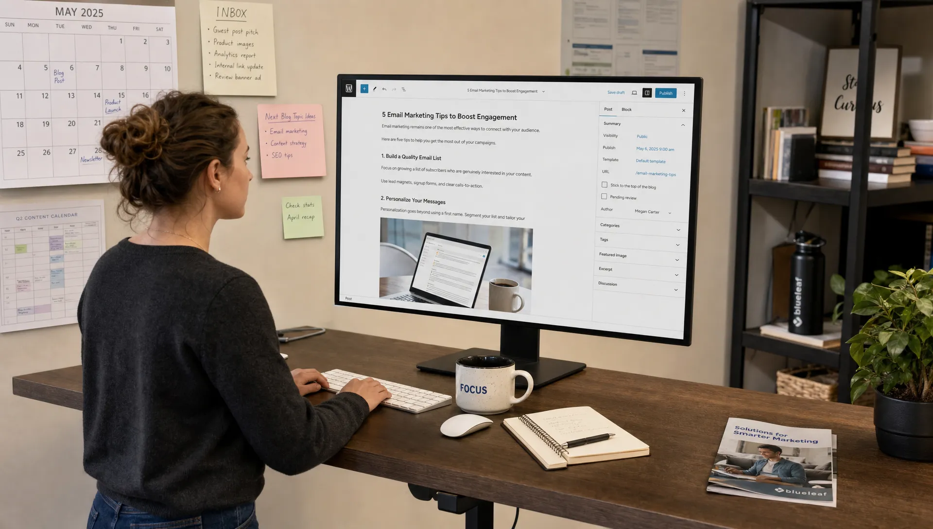 A marketer reviews a blog draft at a standing desk as part of an everyday SEO content workflow.