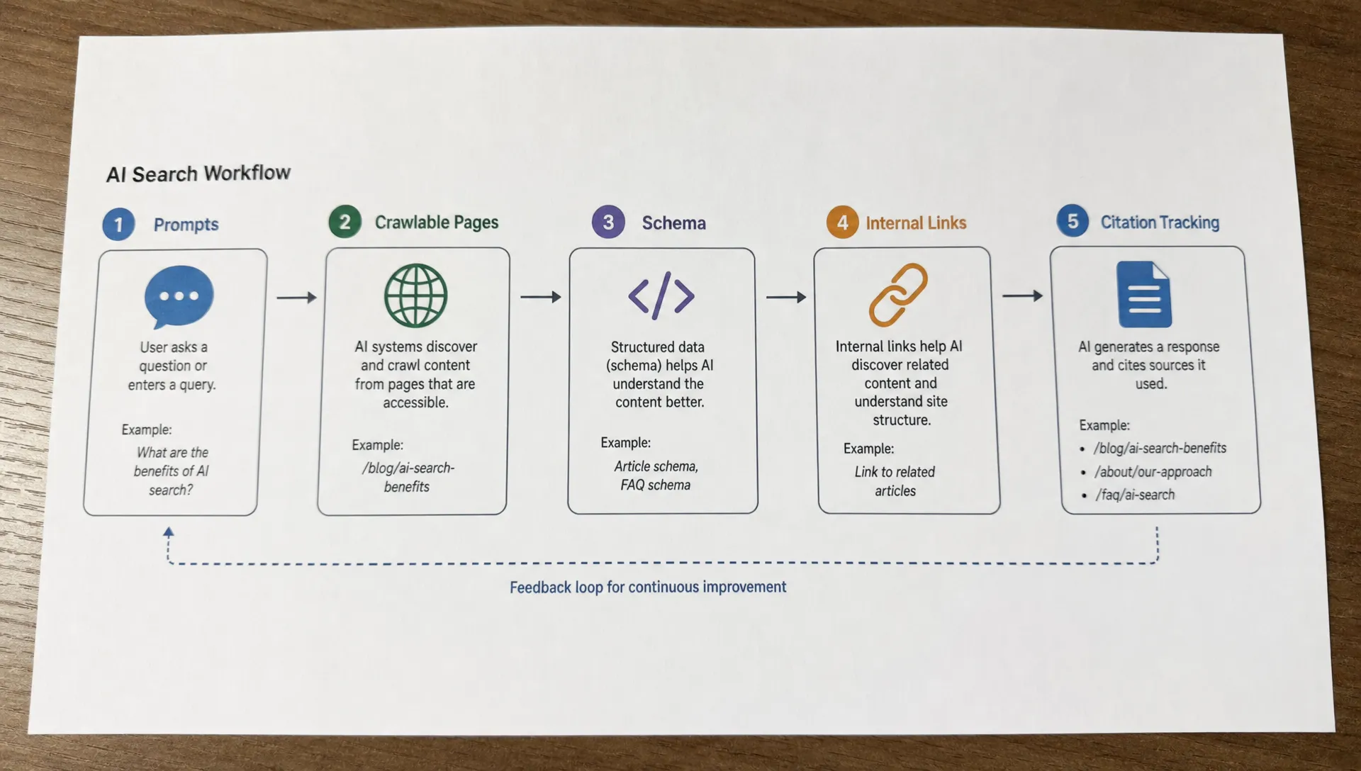 A printed AI search workflow shows prompts, crawlable pages, schema, internal links, and citation tracking in sequence.