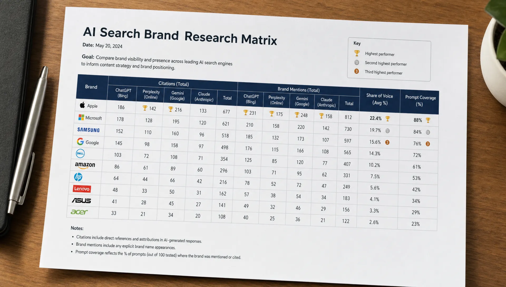 A printed brand research matrix compares AI search engines by citations, brand mentions, share of voice, and prompt coverage.