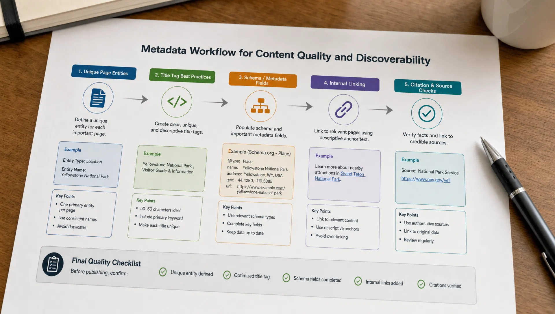 A printed metadata workflow shows unique page entities, title tags, schema fields, internal links, and citation checks across locations and categories.